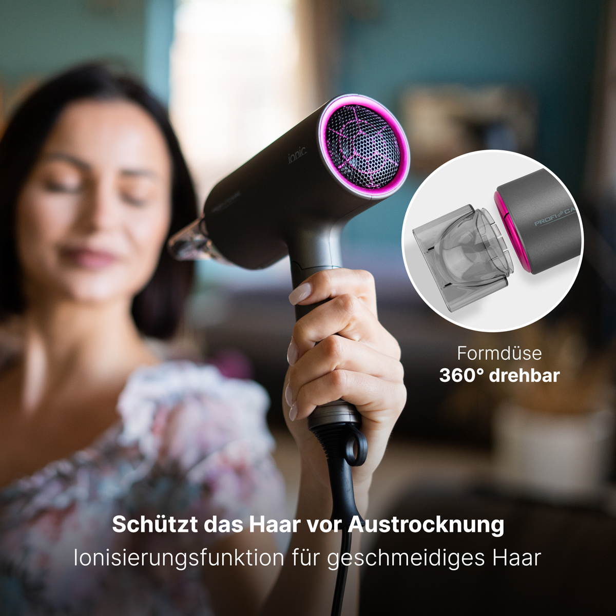 Kobieta używająca suszarki do włosów, z naciskiem na suszarkę i nasadkę, tekst produktu.