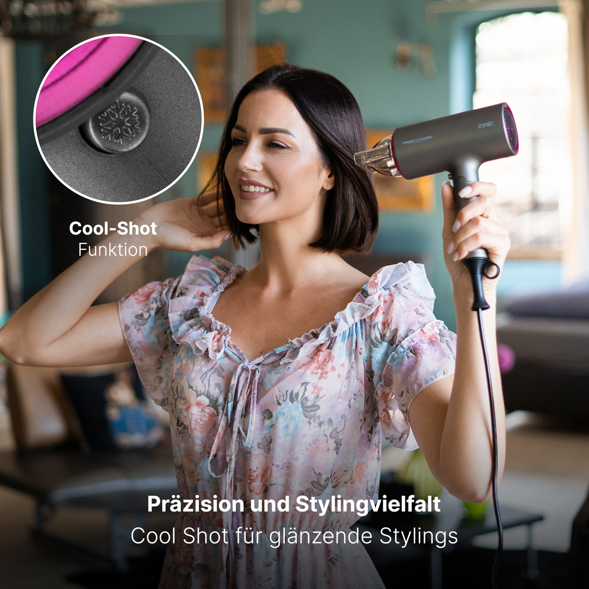 Kobieta używająca szarej suszarki do włosów. Szczegół funkcji chłodzenia. Tekst: Precyzja i różnorodność stylizacji.