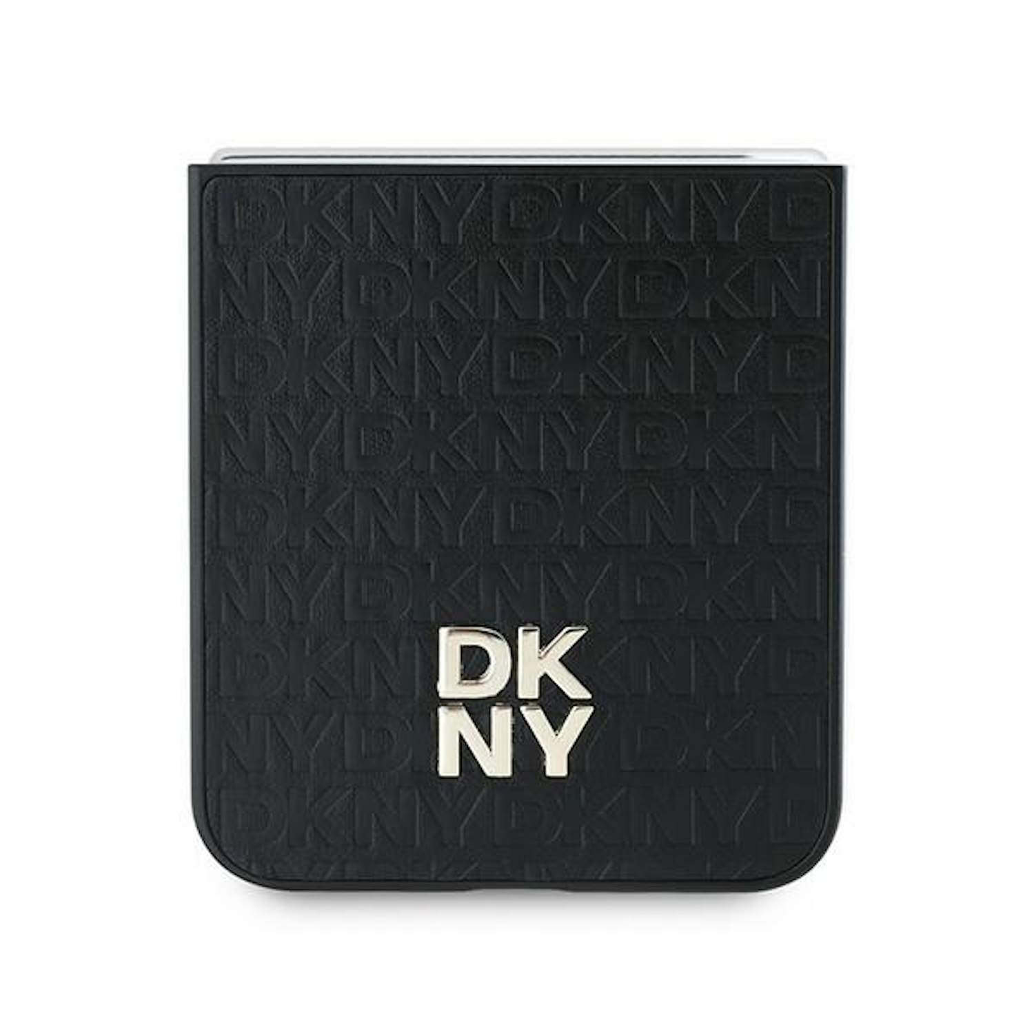 Specchietto compatto DKNY nero con superficie testurizzata e logo.