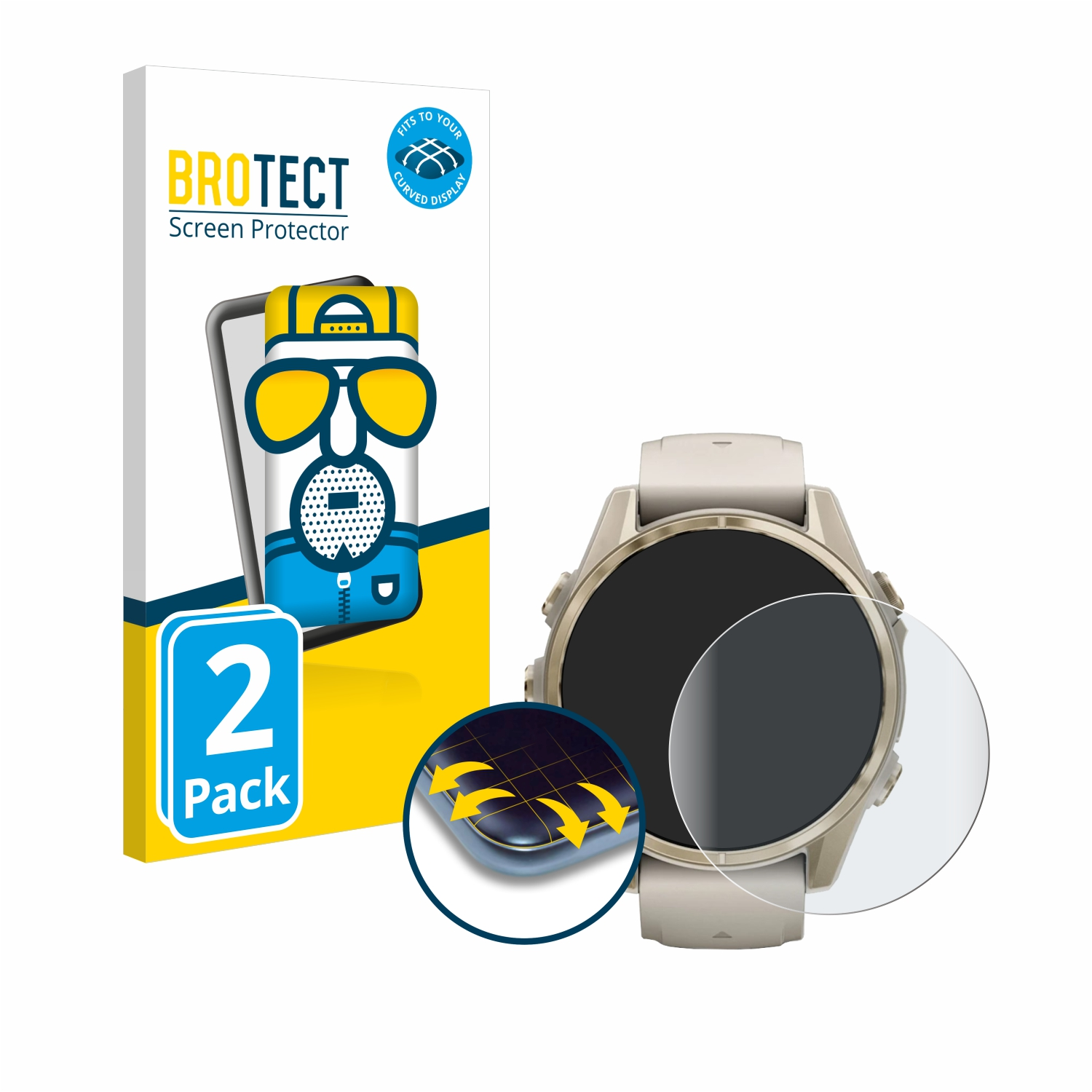 Ein Displayschutz und eine goldene Uhr mit schwarzem Bildschirm und weißem Armband.