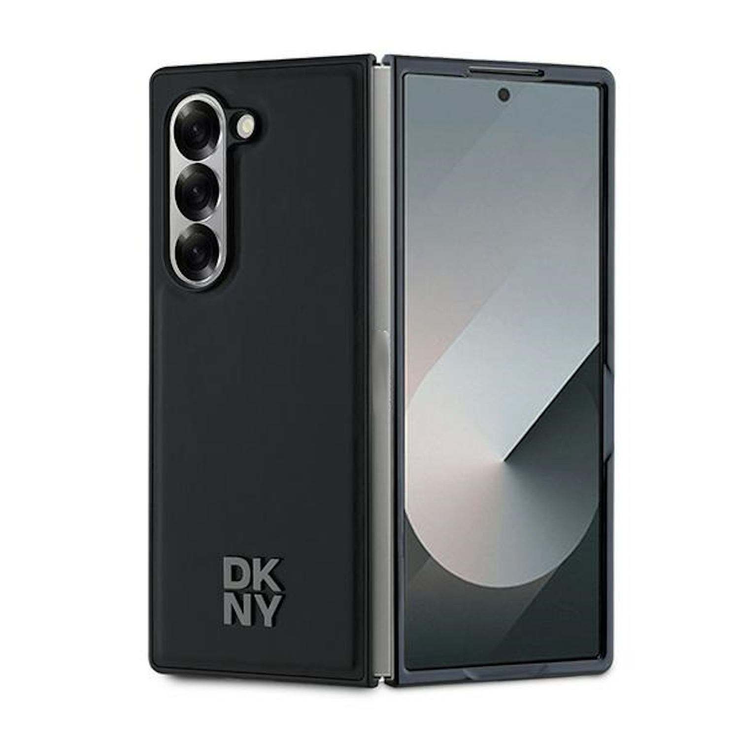 Custodia per telefono nera con un telefono all'interno. Logo DKNY sulla custodia. Il telefono è parzialmente aperto.