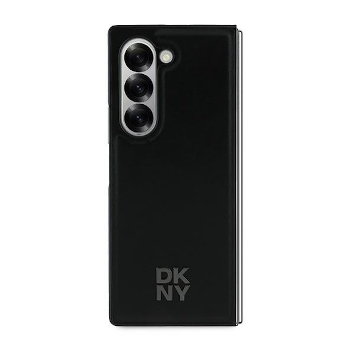 Una custodia per telefono DKNY nera piegata, che mostra le lenti della fotocamera e il logo DKNY.