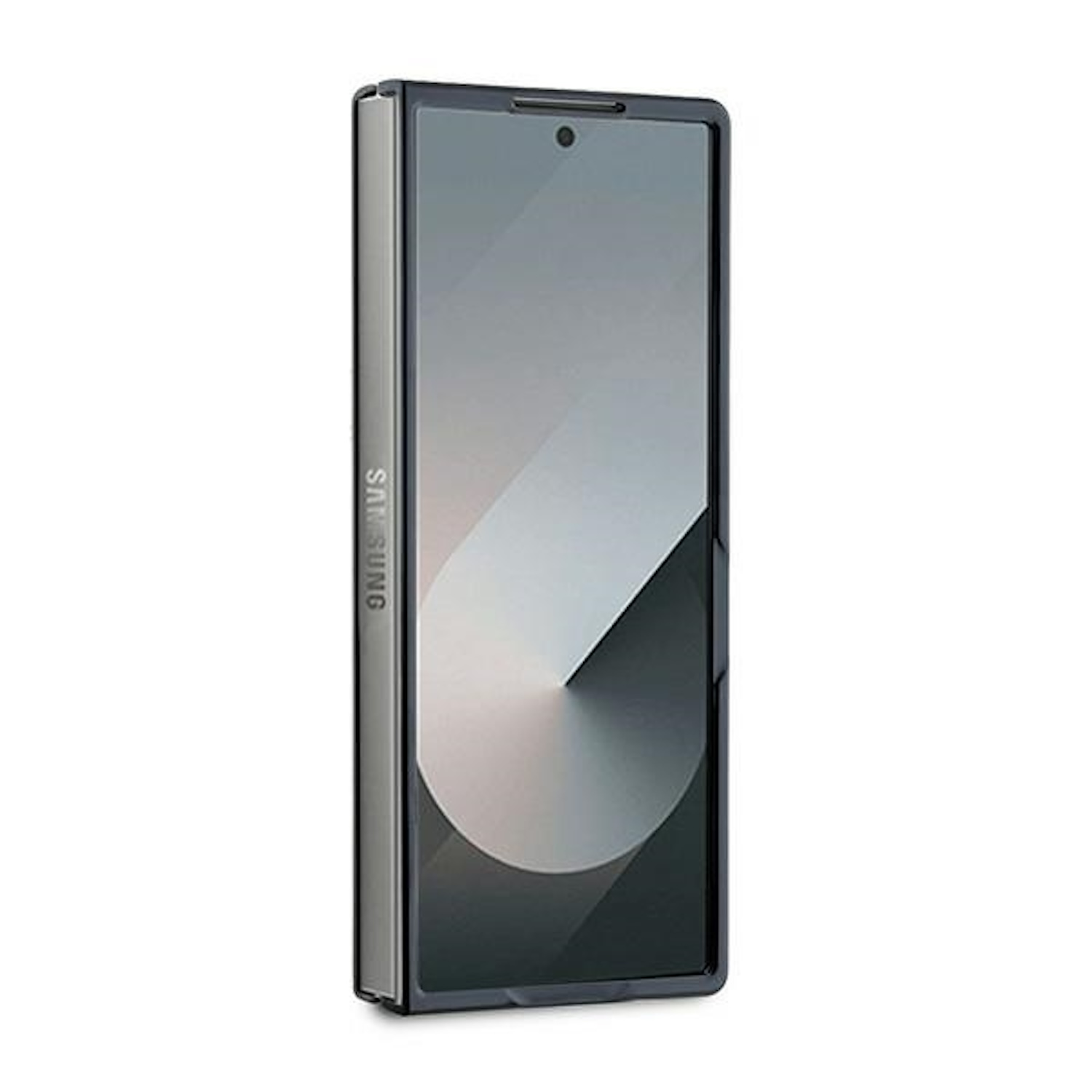 Telefono pieghevole in una custodia, logo Samsung visibile.