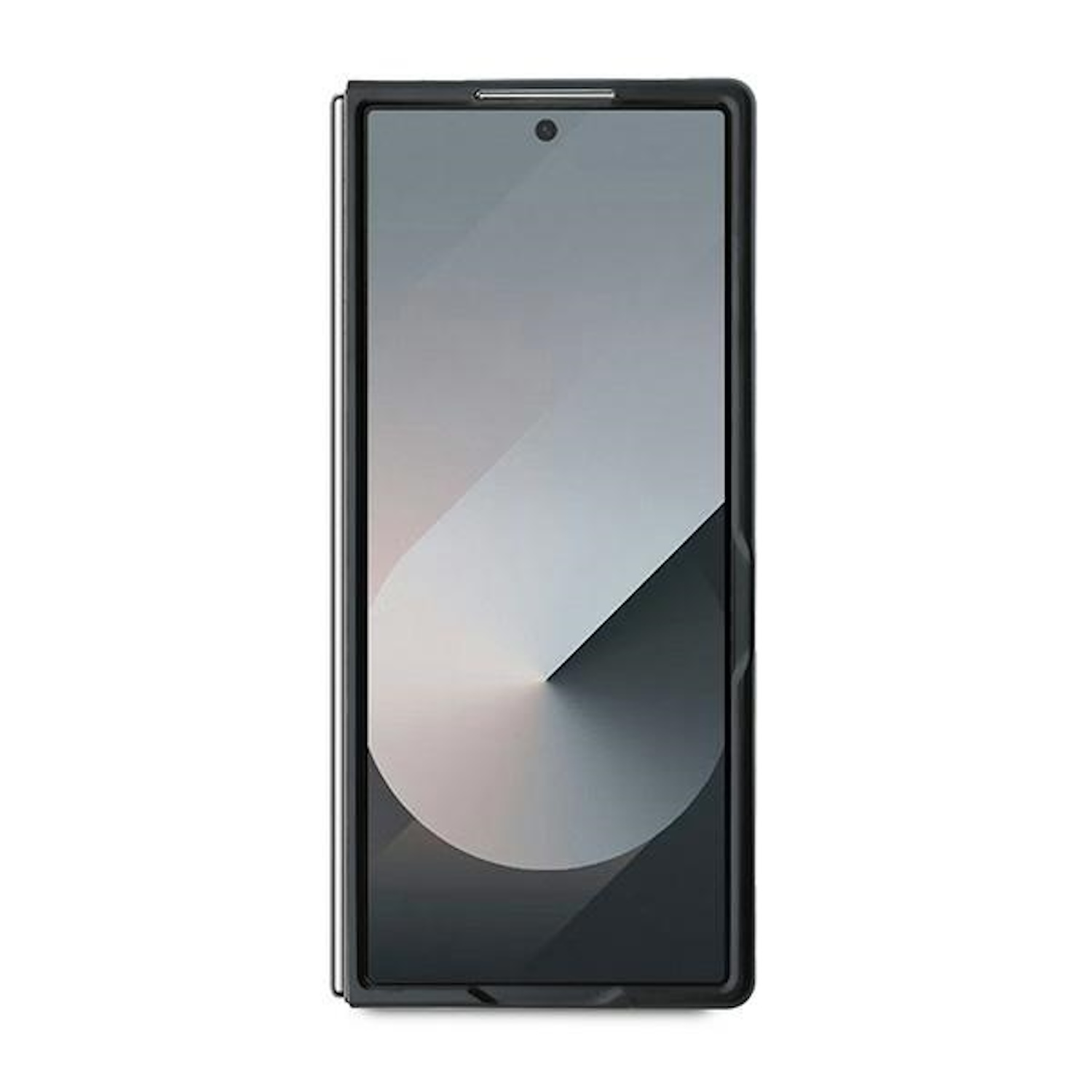Smartphone nero con fotocamera, lo schermo mostra una sfumatura grigio e nero.