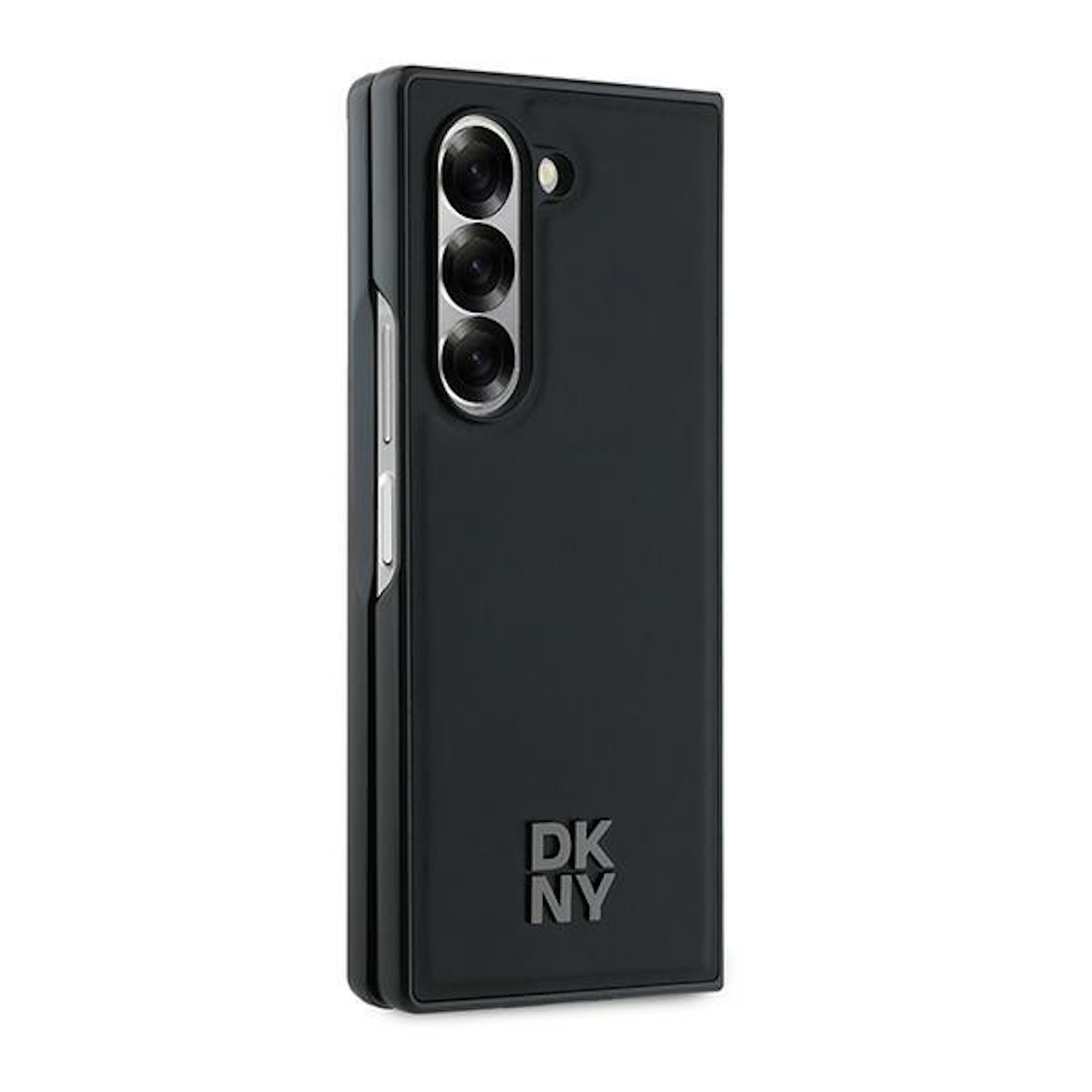 Custodia per telefono DKNY nera, chiusa, con lenti della fotocamera e logo. La custodia è su sfondo bianco.