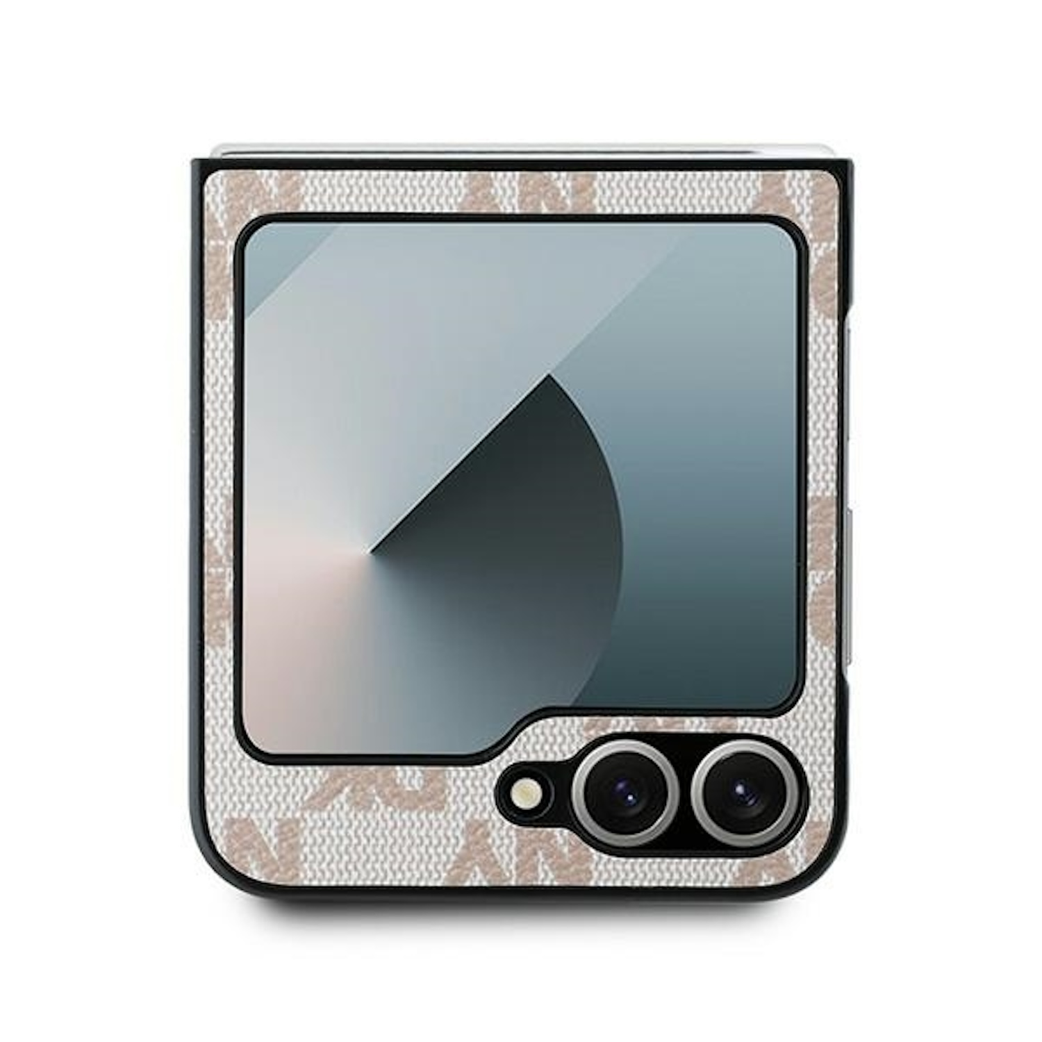 Telefono pieghevole con cover fantasia. Caratterizzato da lenti della fotocamera e schermo con immagine sfumata.
