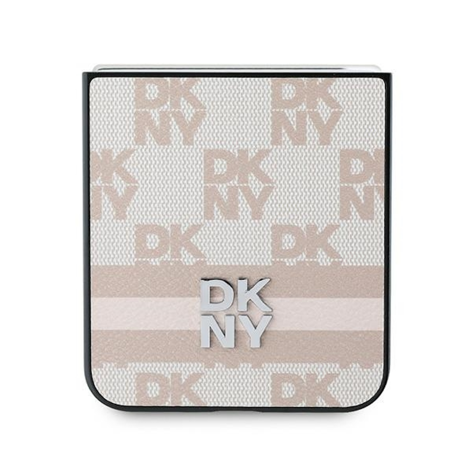 Uno specchietto compatto DKNY con motivo beige e striscia rosa.