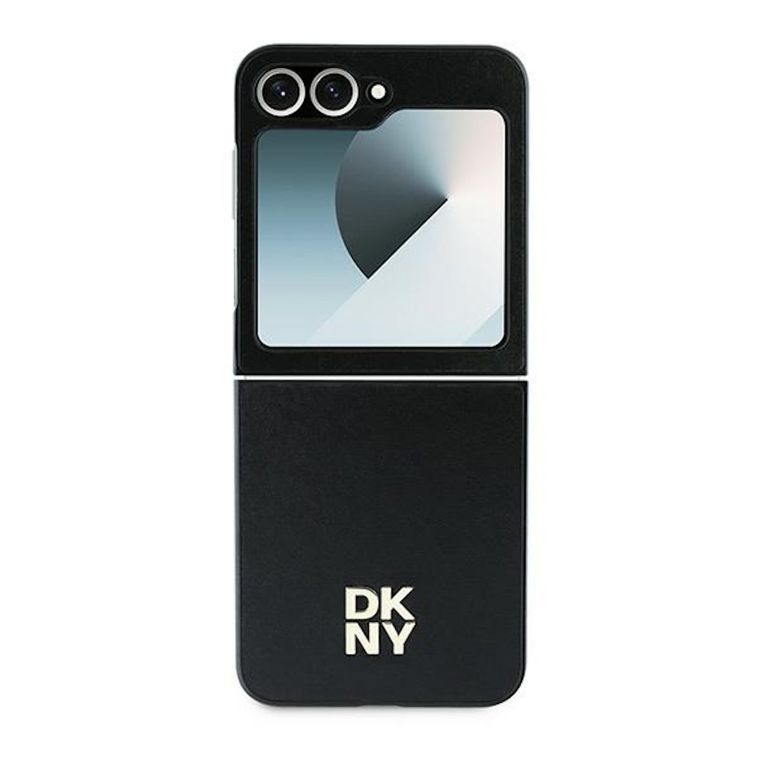 Custodia per telefono nera e oro, con logo DKNY e un telefono visibile sullo schermo.