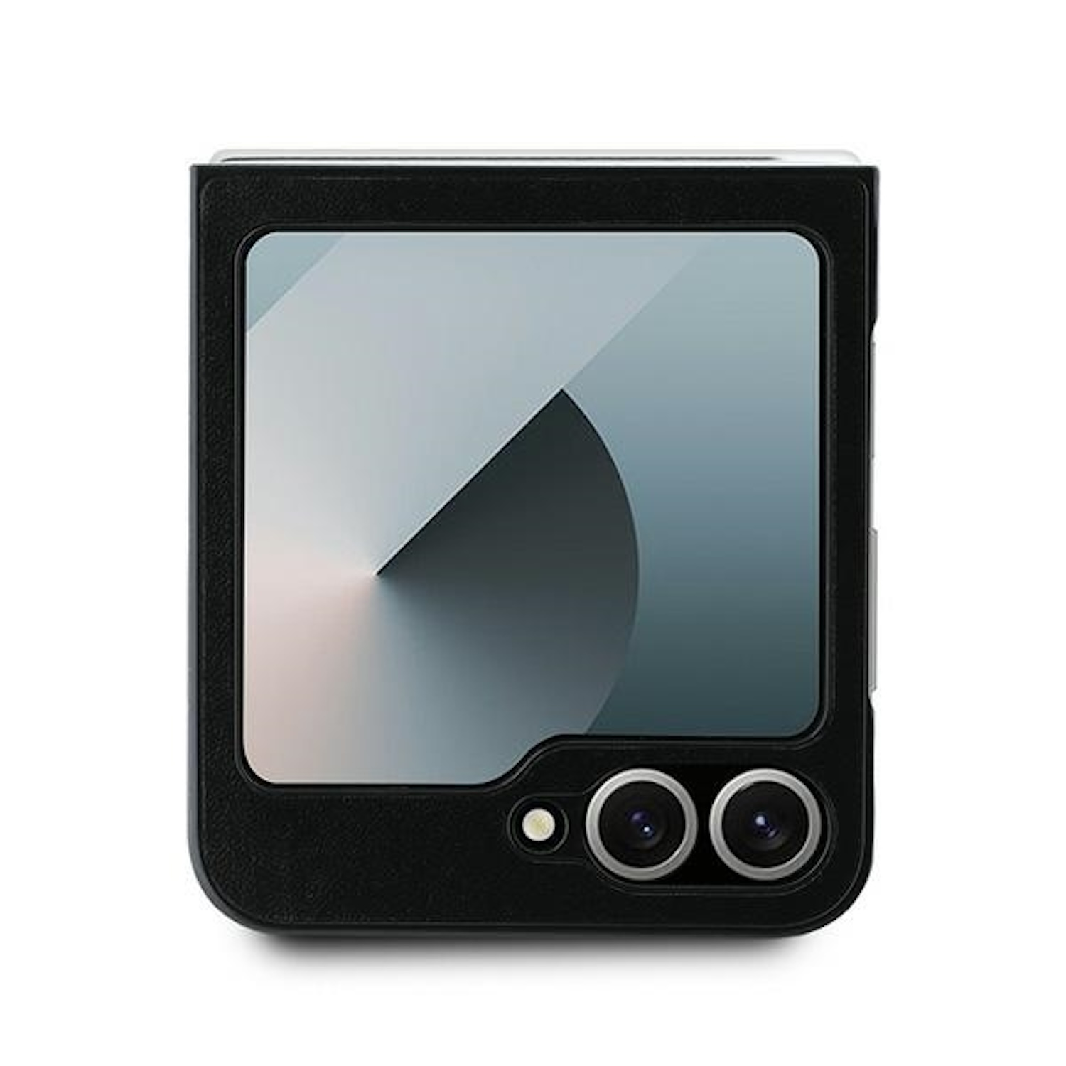 Smartphone pieghevole nero, chiuso. Dispone di due fotocamere posteriori e uno schermo frontale.