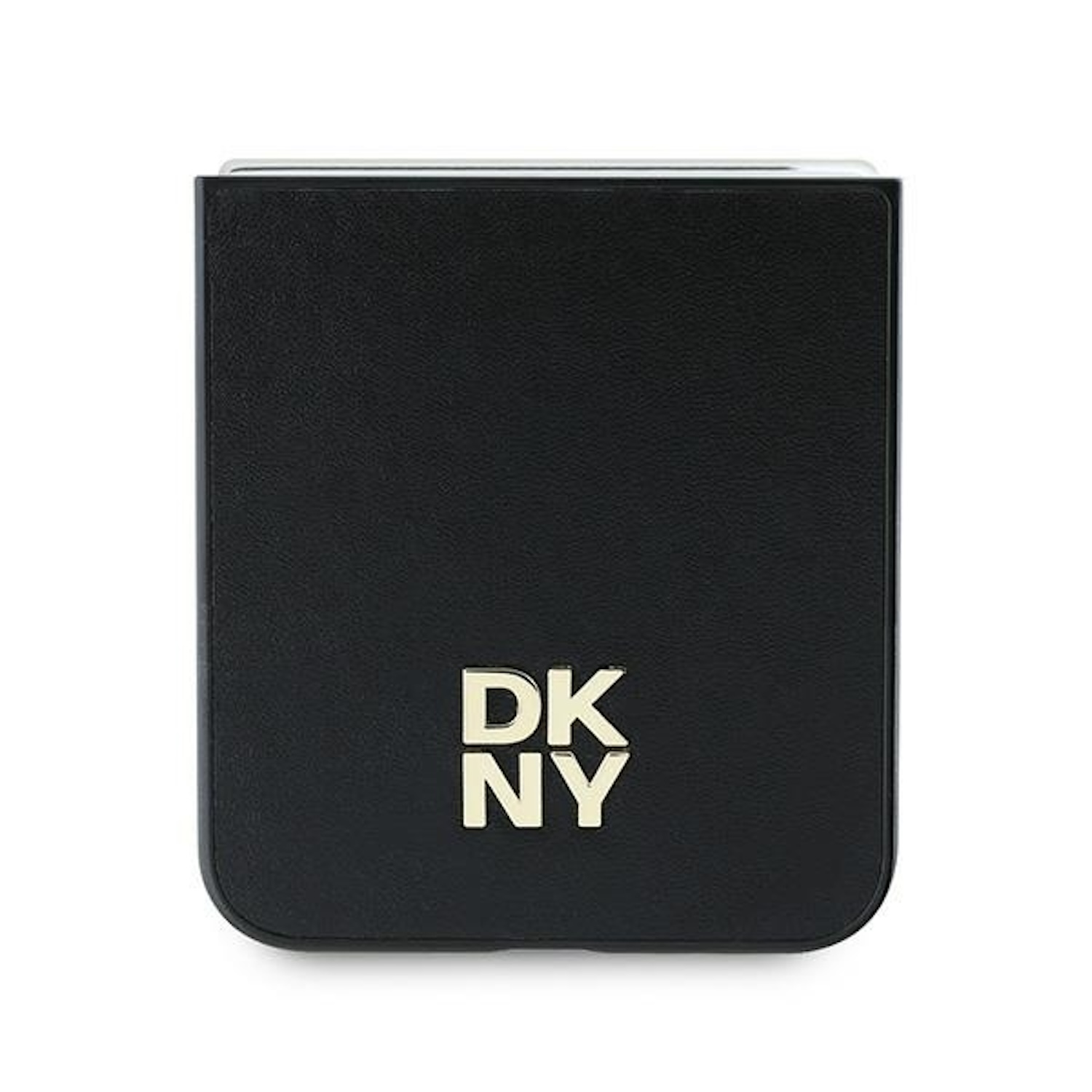 Specchietto compatto DKNY nero. Logo DKNY dorato sul davanti. La parte superiore ha una copertura scorrevole.