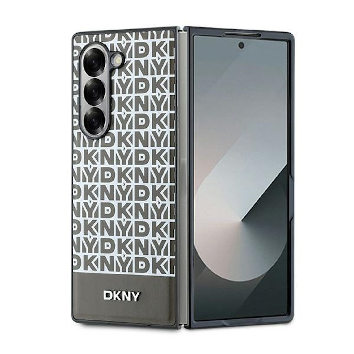 Custodia per telefono. Custodia per telefono con il logo DKNY. Il telefono è piegato.