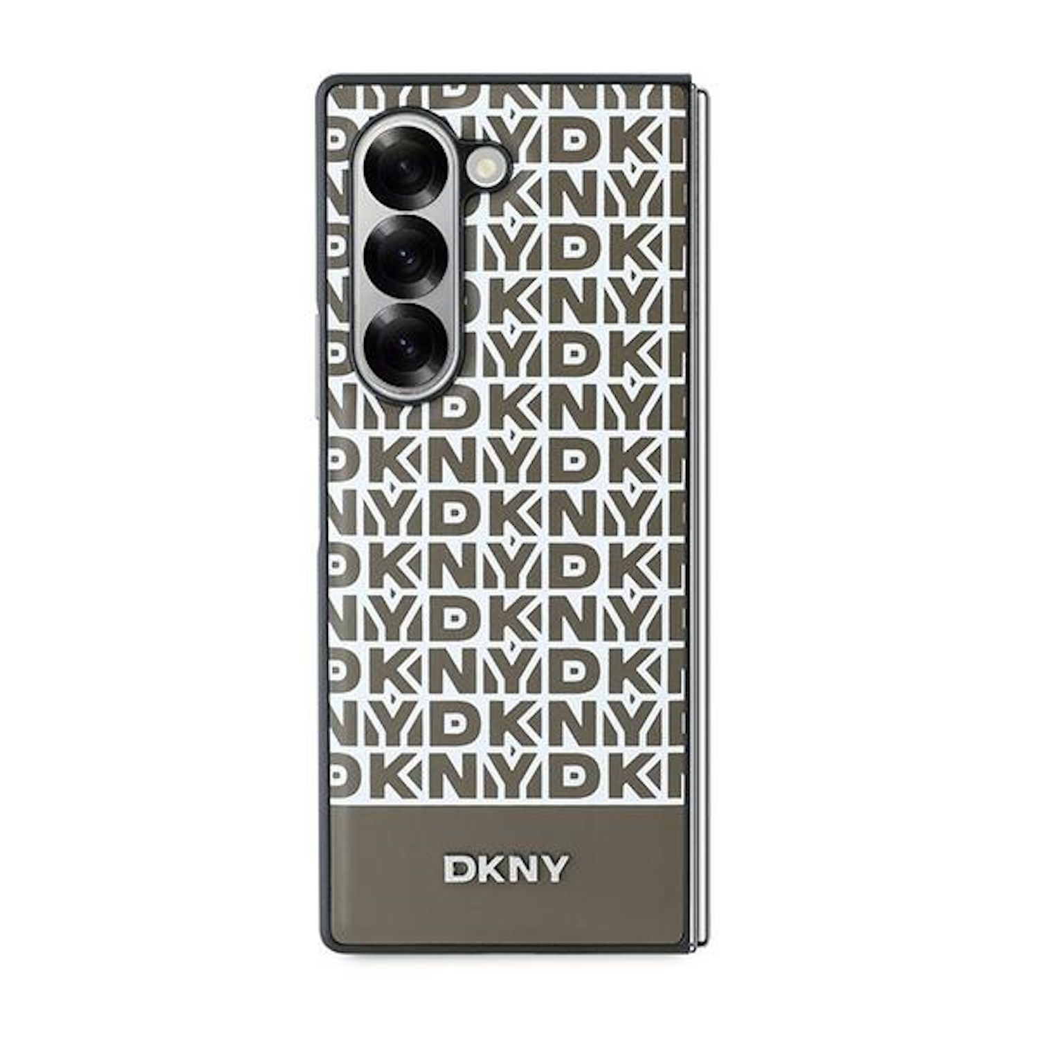 Una custodia per telefono DKNY con il logo DKNY ripetuto in bianco su sfondo scuro.
