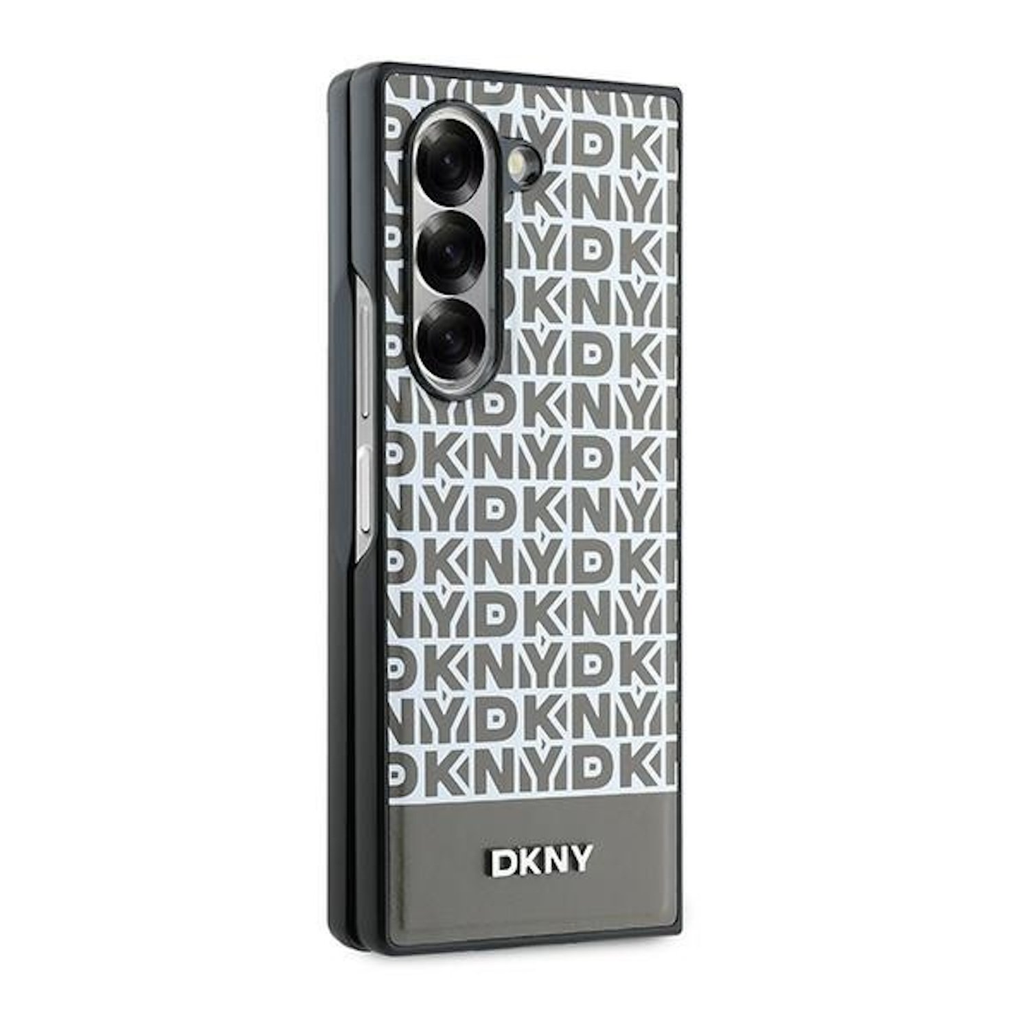 Custodia nera per telefono. Motivo DKNY. Sfondo bianco. Accessorio per telefono.
