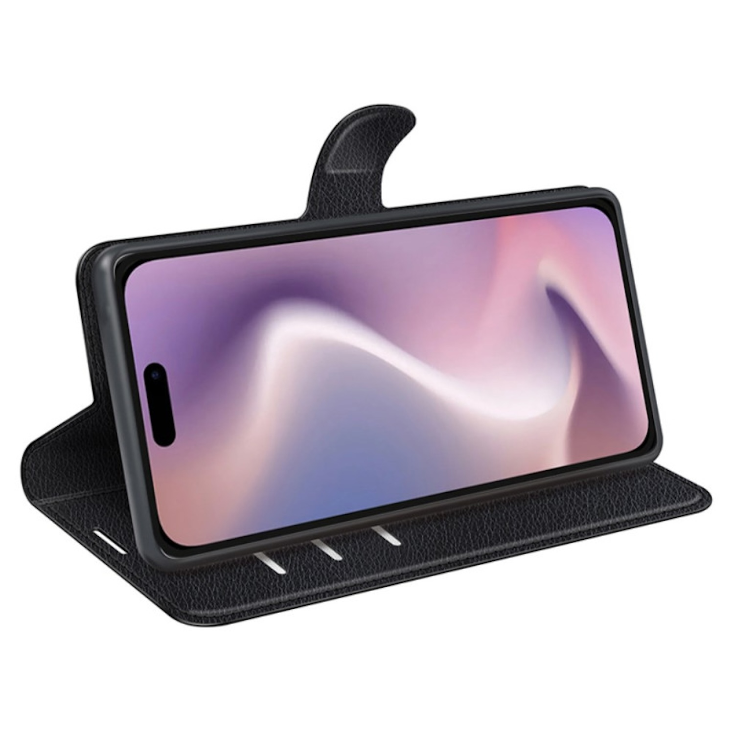 Teléfono negro en funda de cuero negro. Pantalla con patrón rosa y blanco.
