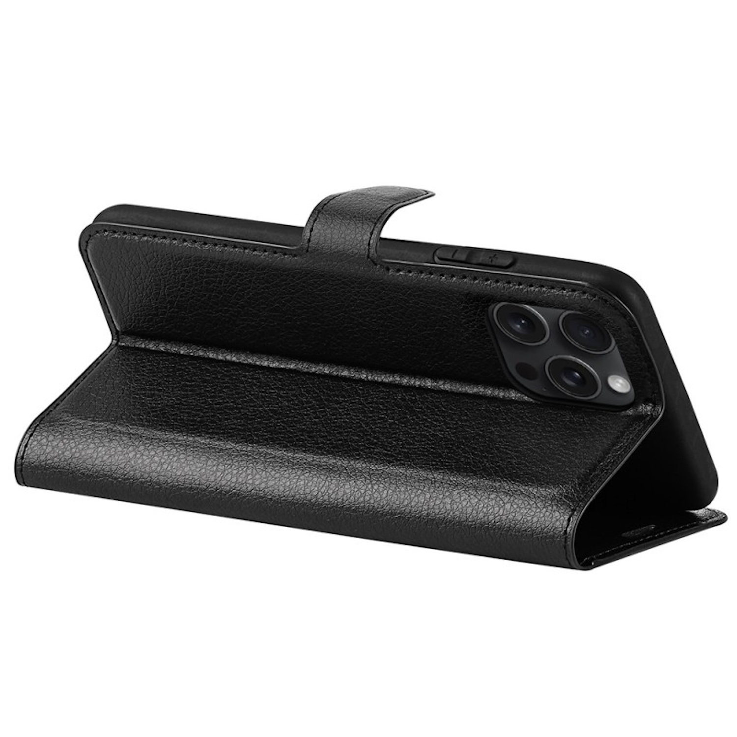 Funda negra para teléfono, abierta, mostrando el teléfono. Textura de cuero.