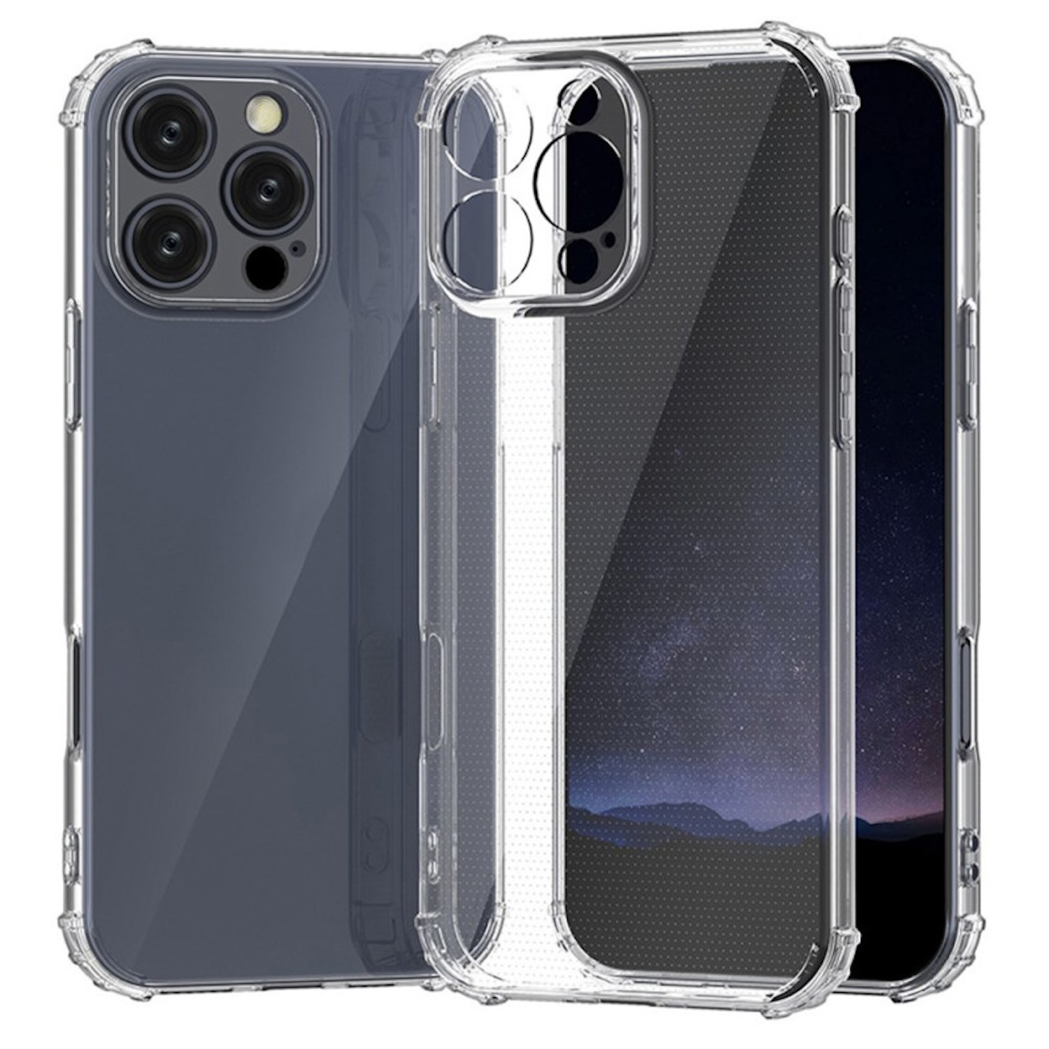Fundas transparentes para teléfono, una en el teléfono, otra al lado. Las fundas son transparentes, protegiendo el teléfono.