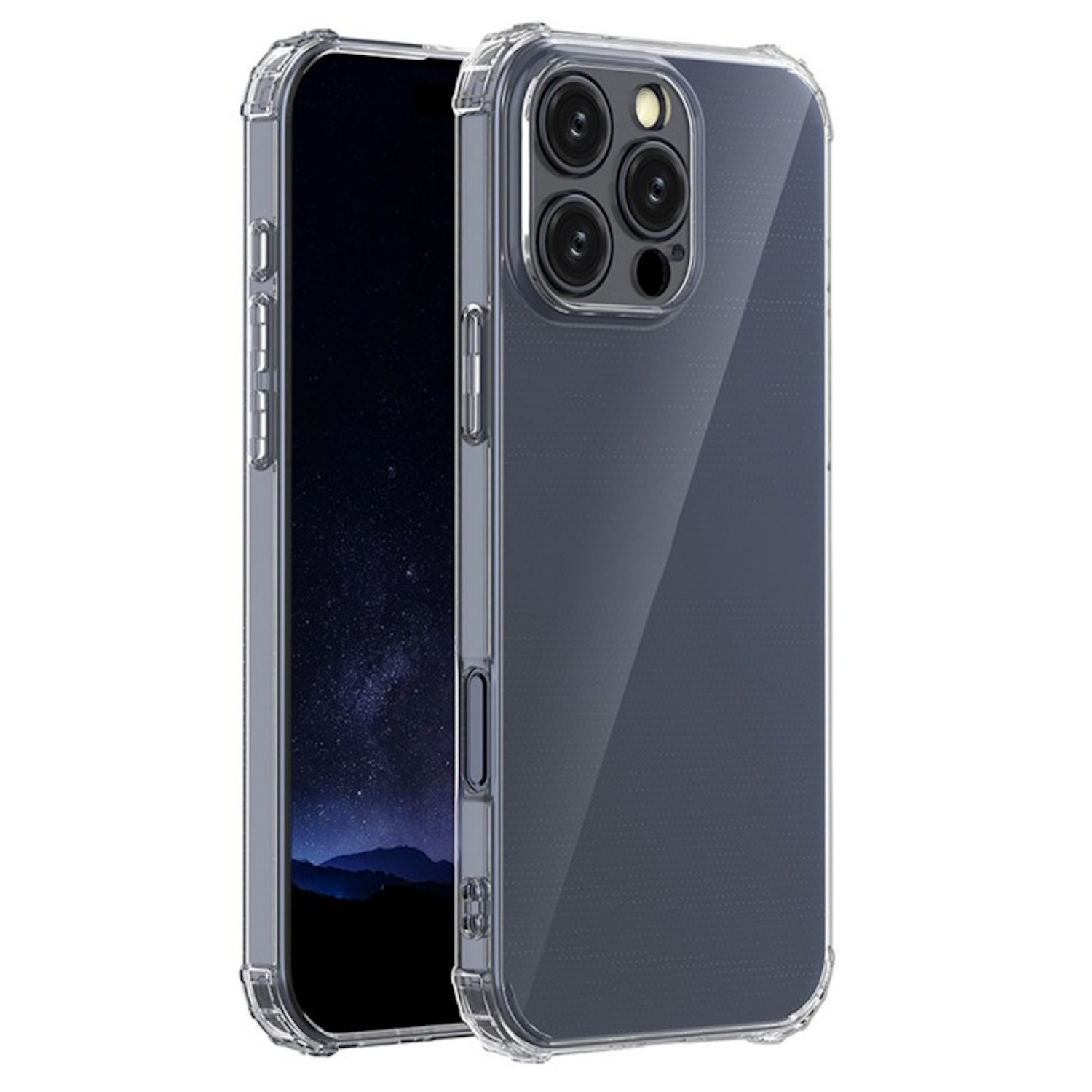 Funda transparente, mostrando la parte trasera de un teléfono con fondo azul-morado.