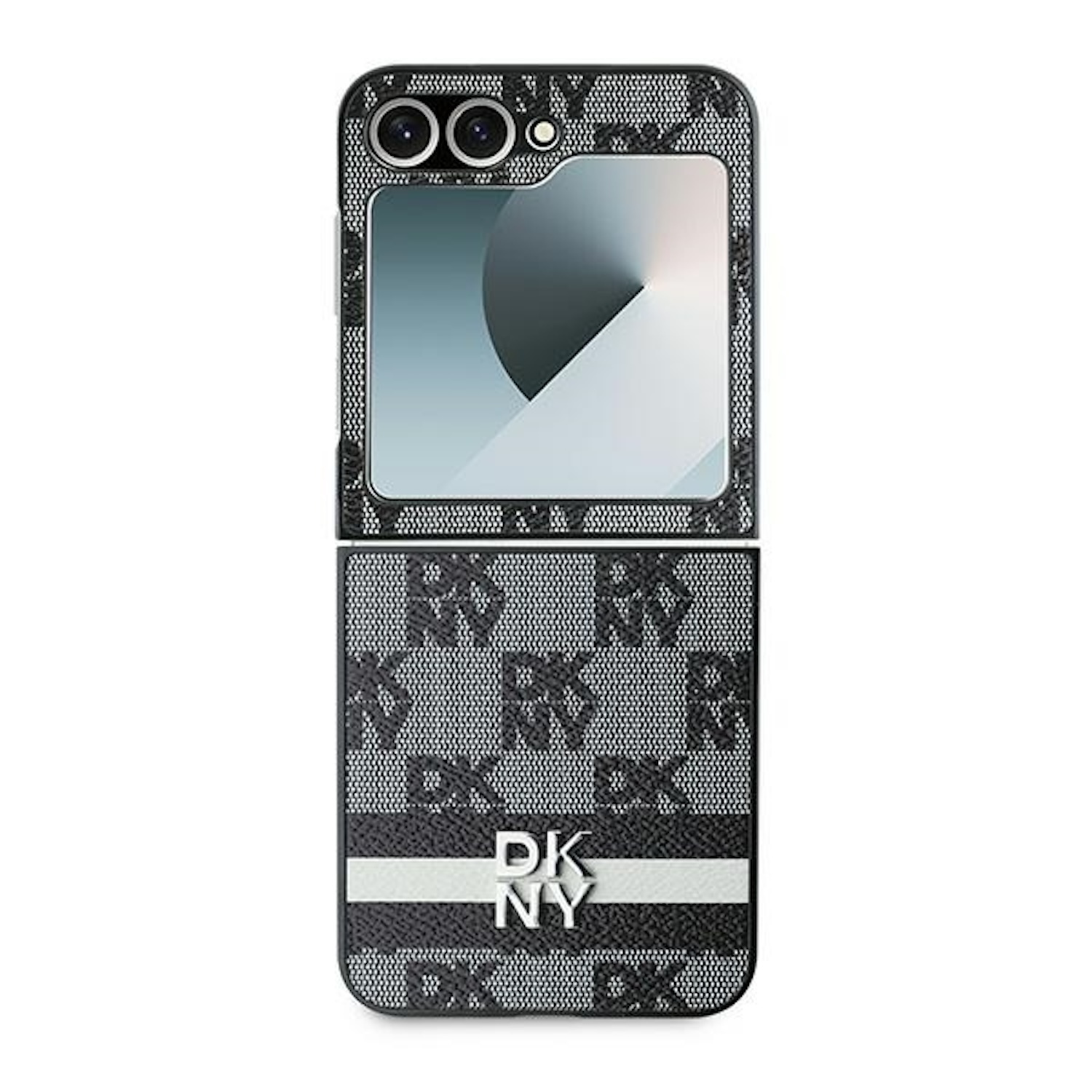 Custodia per telefono nera e grigia con motivo DKNY. La custodia è aperta, rivelando lo schermo di un telefono.
