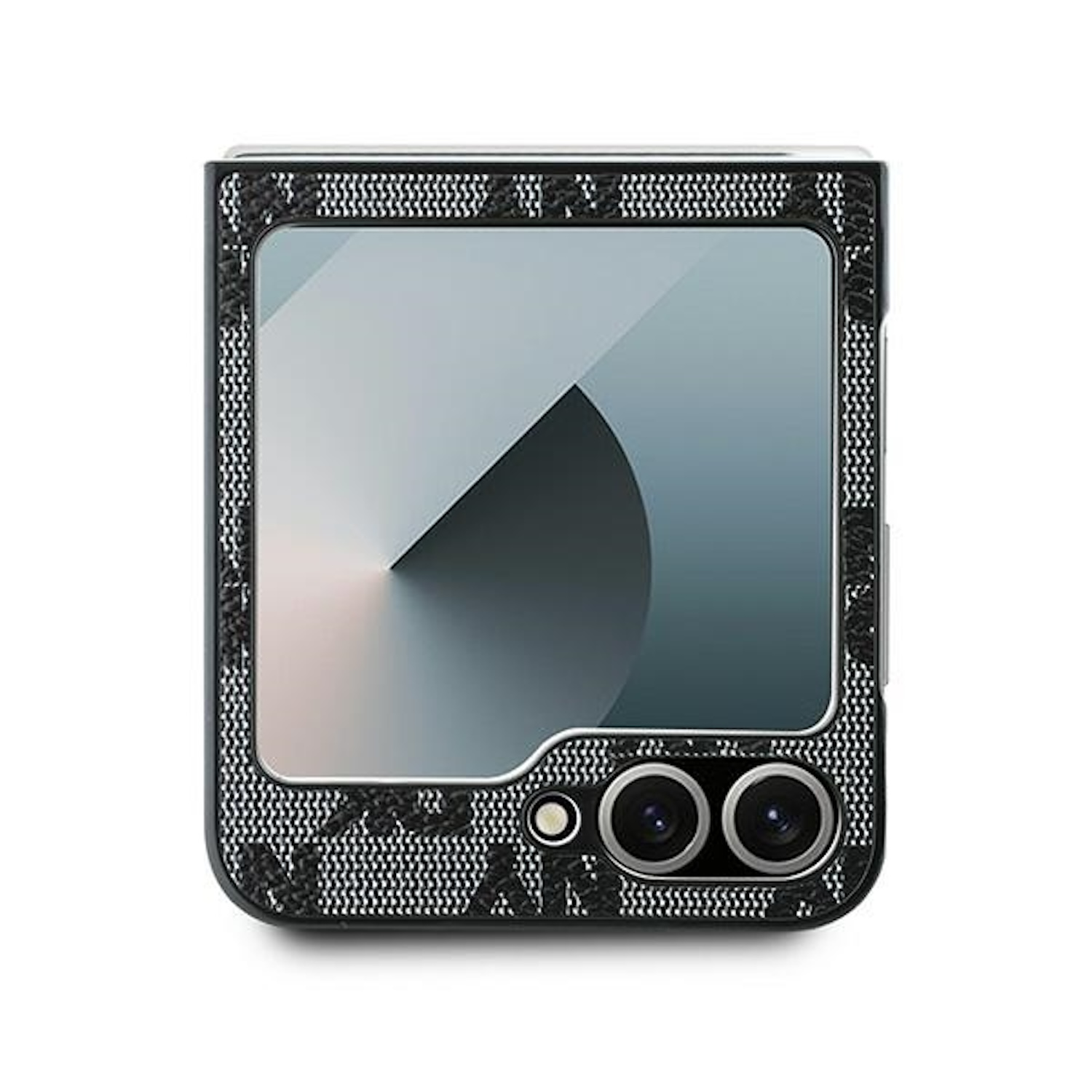 Una custodia per telefono con motivo in bianco e nero copre un telefono nero. Il retro ha due fotocamere.