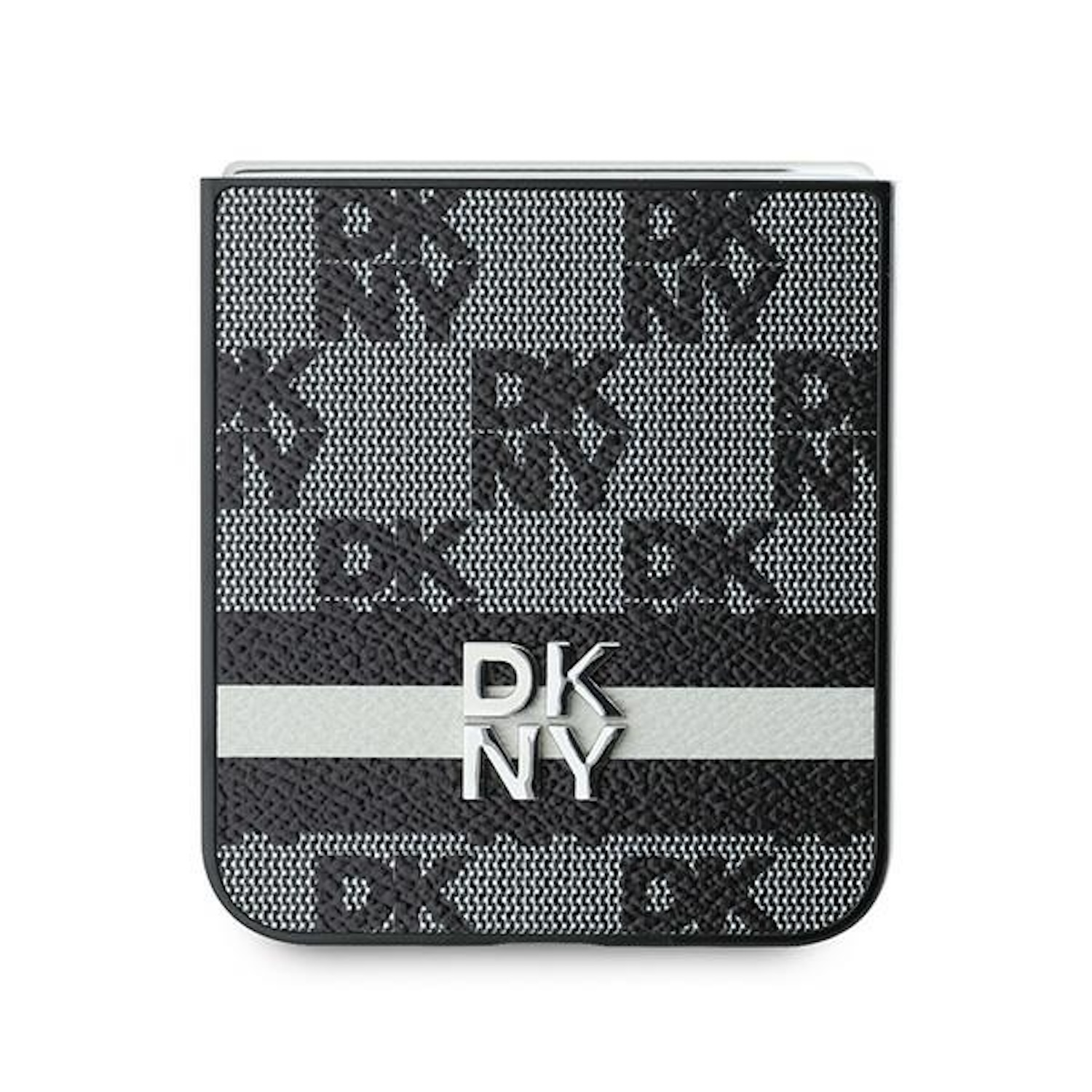 Portafoglio DKNY bianco e nero, con logo DKNY, con una striscia argentata.