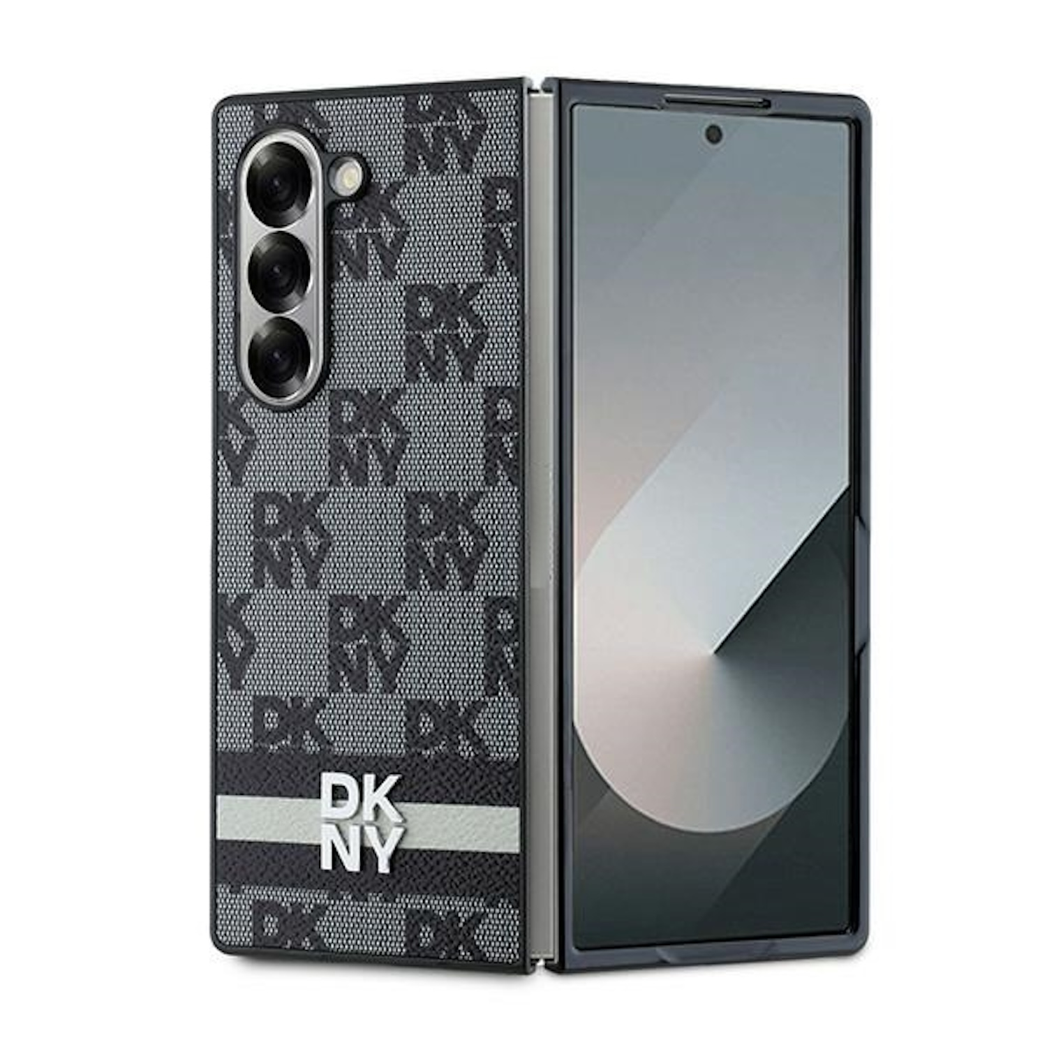 Custodia per telefono DKNY, aperta, con telefono visibile. Design in bianco e nero.