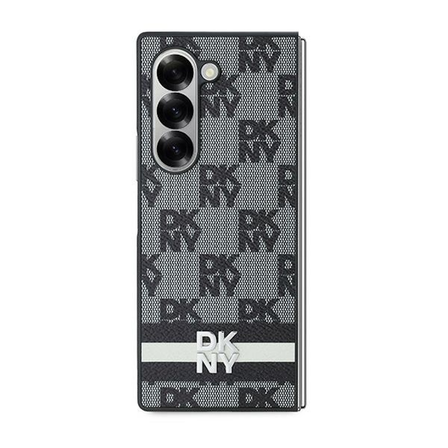 Una custodia per telefono in bianco e nero con il logo DKNY e tre lenti della fotocamera.