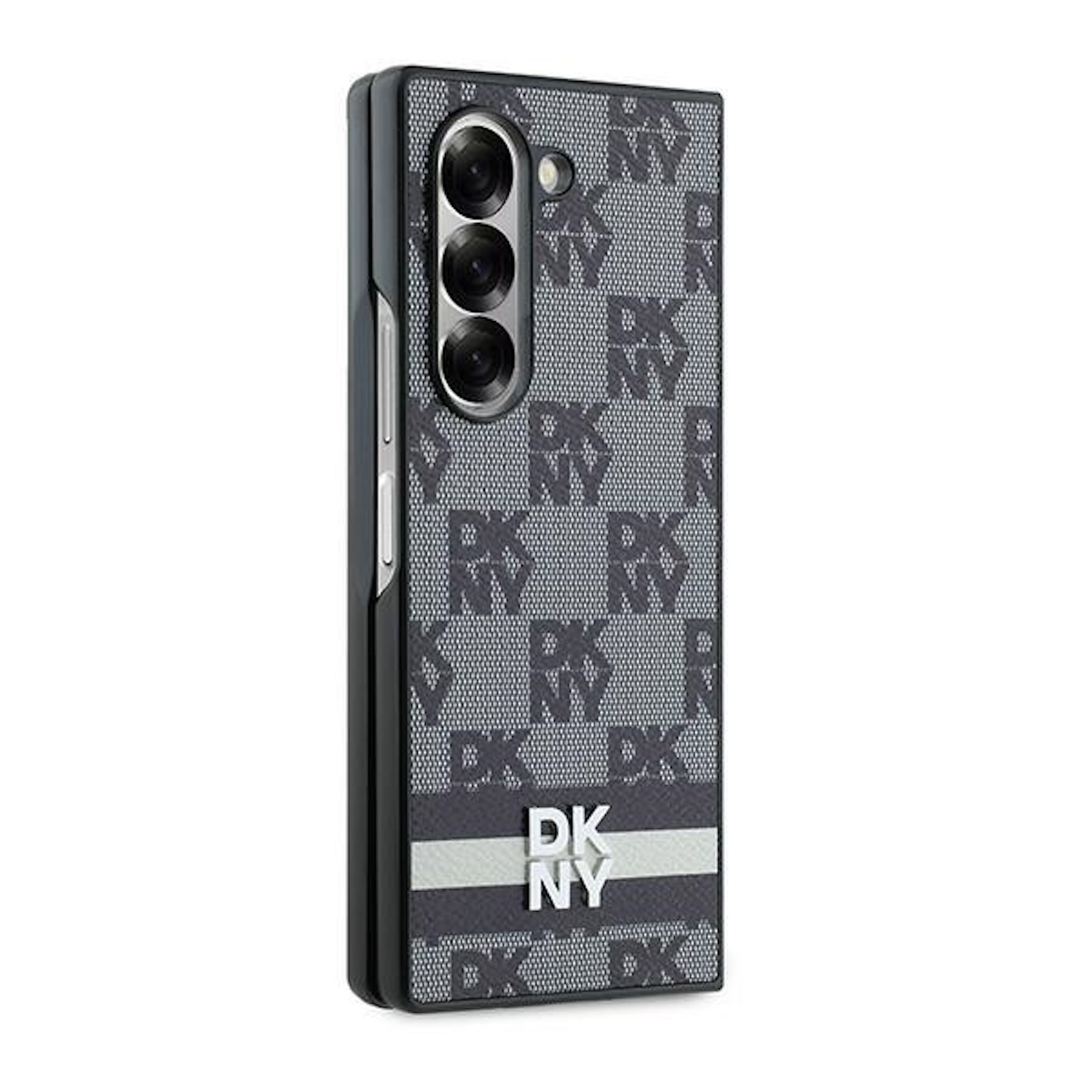 Una custodia per telefono pieghevole nera chiusa con un motivo DKNY e una striscia.