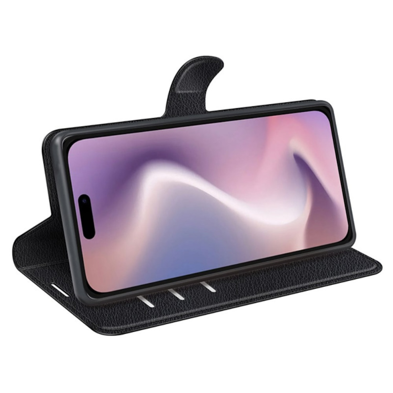 Teléfono en una funda negra tipo cartera. La pantalla del teléfono es visible, mostrando una imagen borrosa.