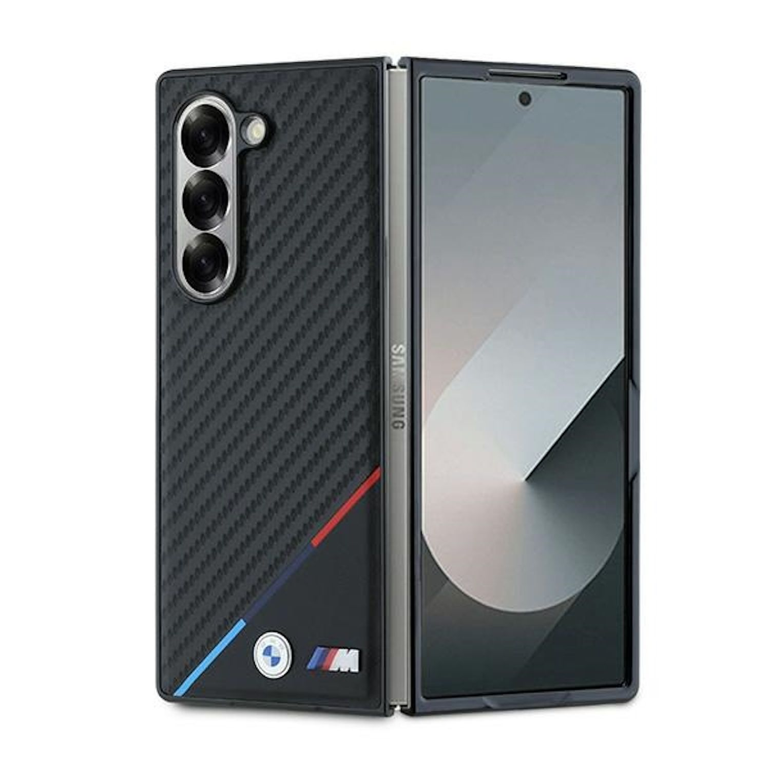 Telefono pieghevole in custodia nera con logo BMW e M. Telefono aperto, mostra lo schermo interno.