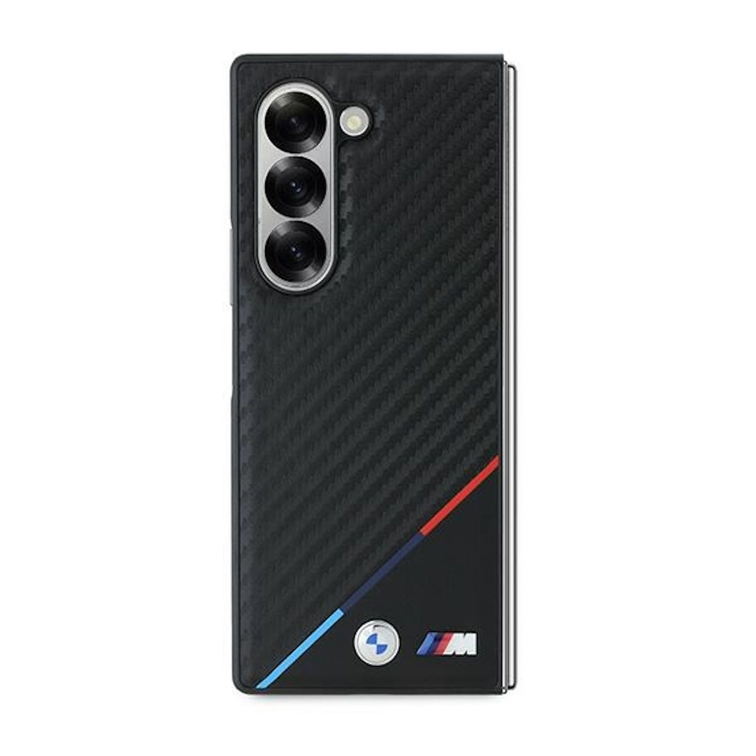 Custodia nera per telefono con texture in fibra di carbonio, logo BMW e strisce rosse e blu.