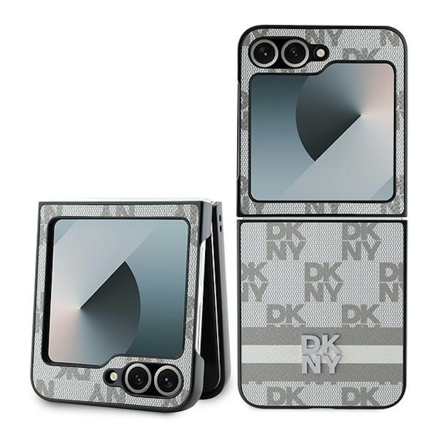Un telefono pieghevole con motivo DKNY grigio e bianco, aperto e chiuso, con il logo sul retro.