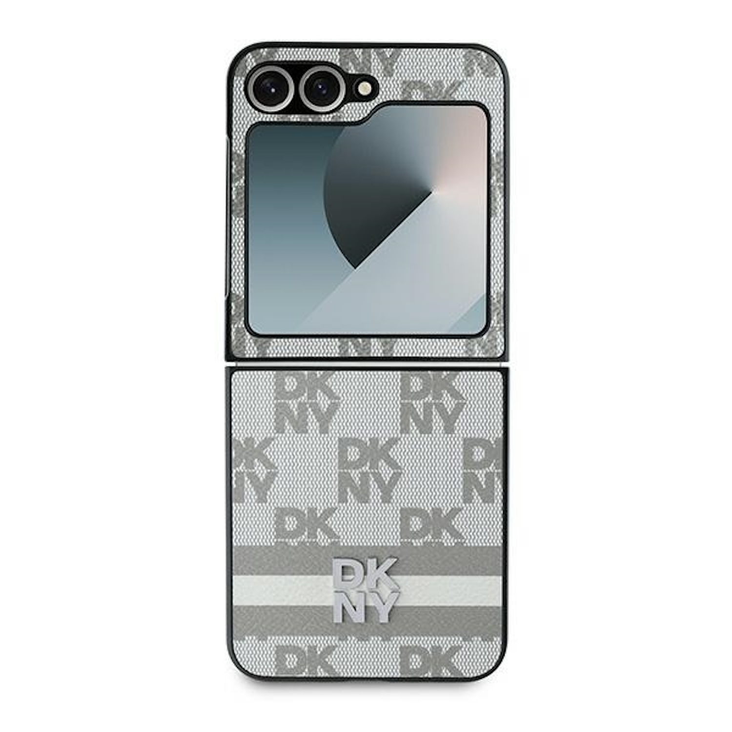 Un telefono pieghevole con un design DKNY. Il telefono è aperto, mostrando lo schermo e uno slot per schede.