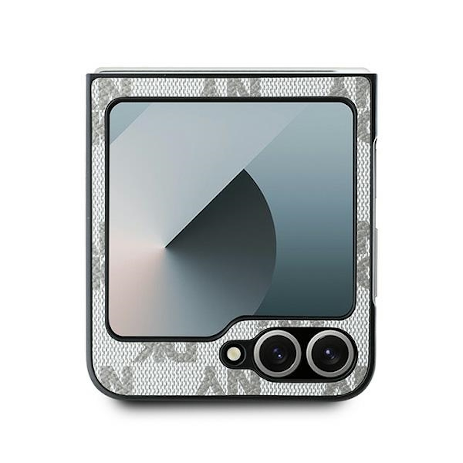Telefono pieghevole semichiuso. L'esterno ha un design, lo schermo è acceso.