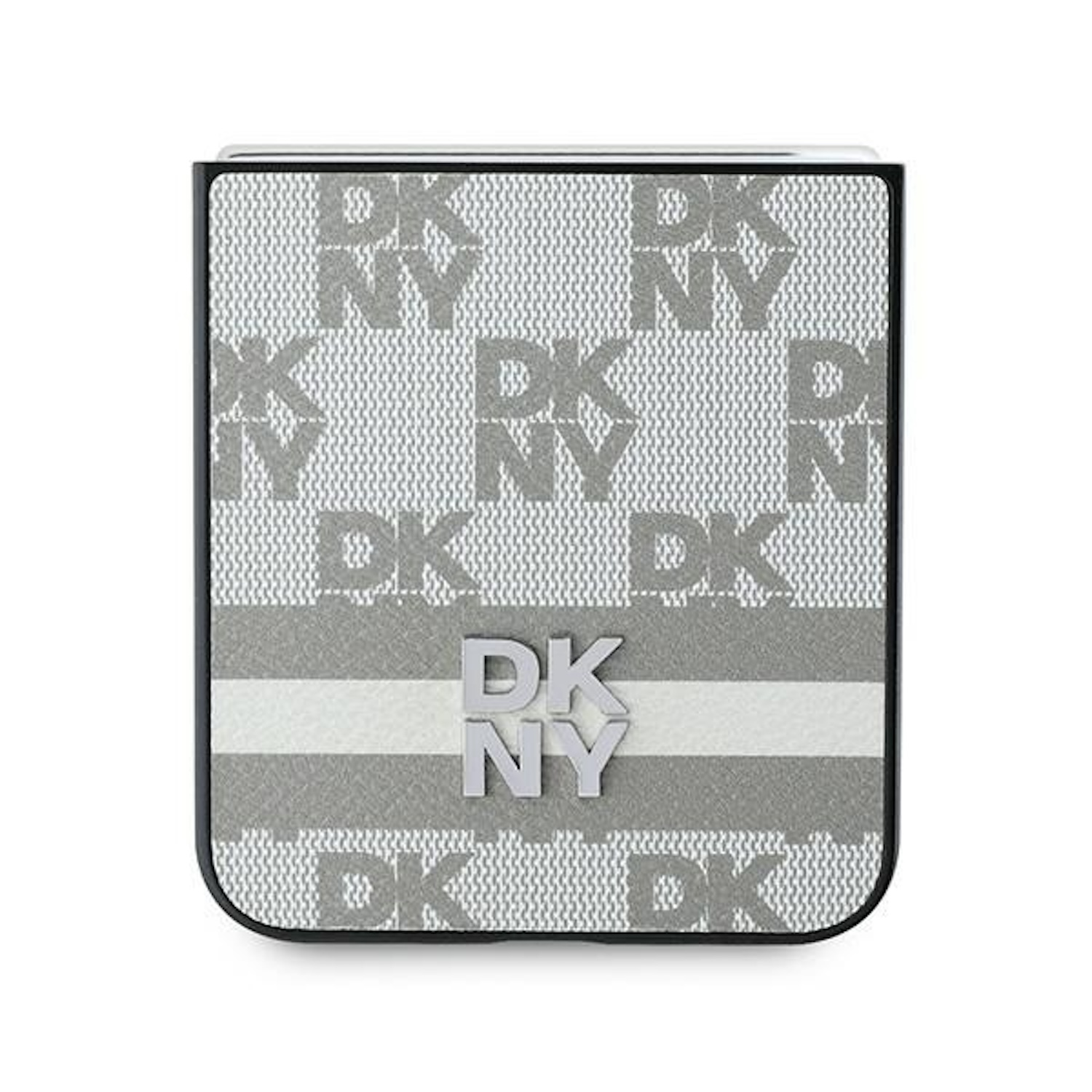 Portafoglio DKNY con motivo logo ripetuto e striscia bianca. Bordo nero.