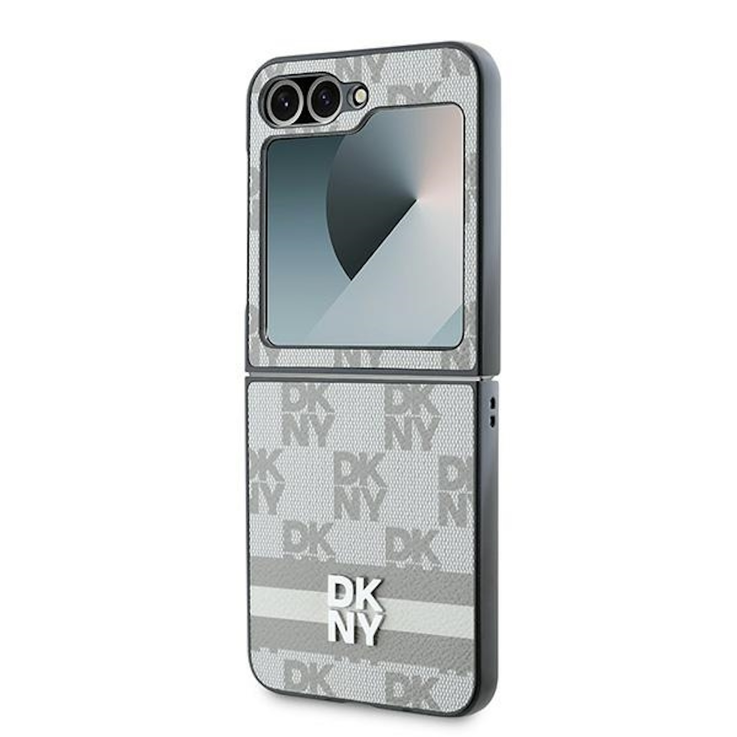 Custodia piegata con logo DKNY, motivo grigio e ritaglio fotocamera.