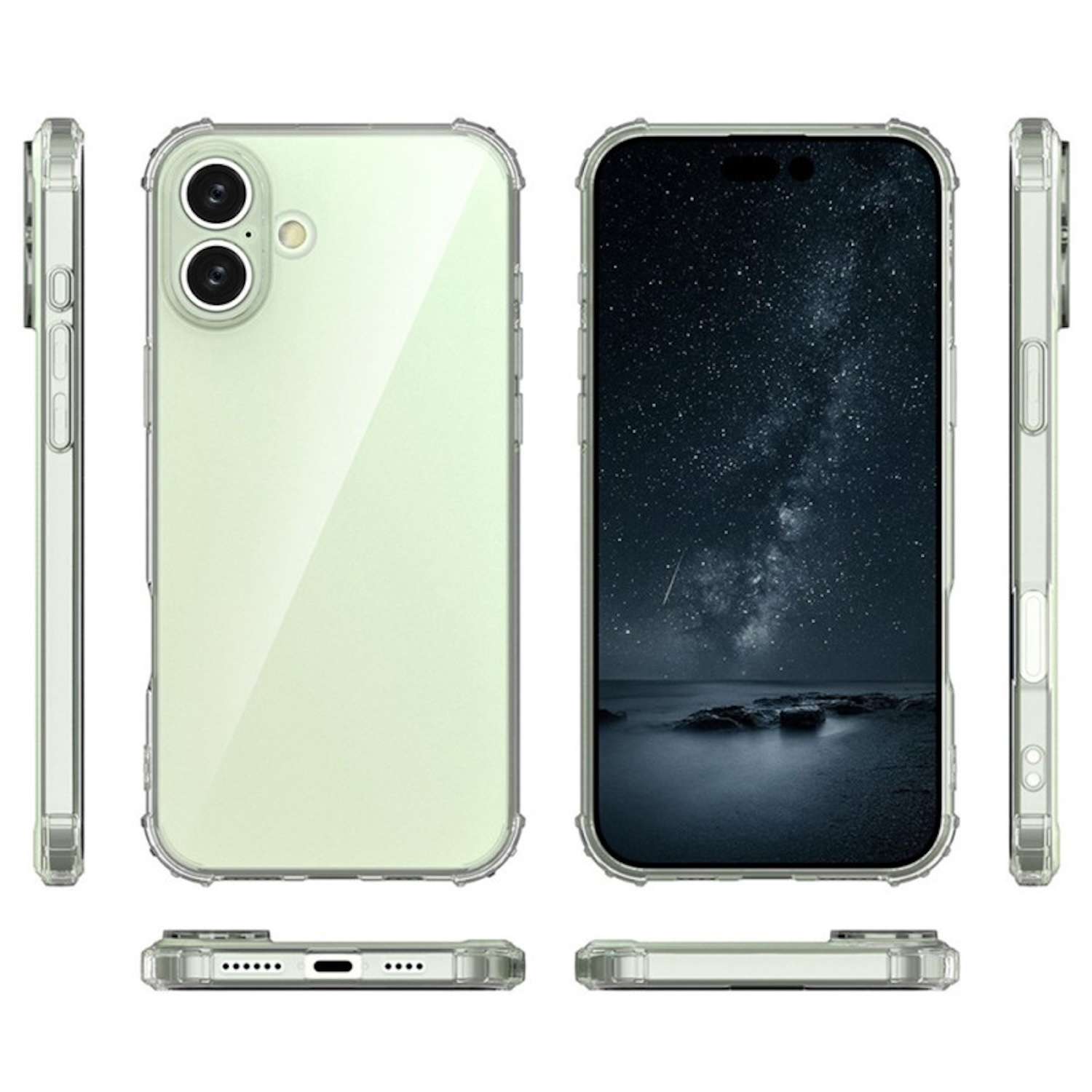 Un teléfono en una funda protectora transparente. El teléfono se ve desde múltiples ángulos, mostrando el diseño de la funda.
