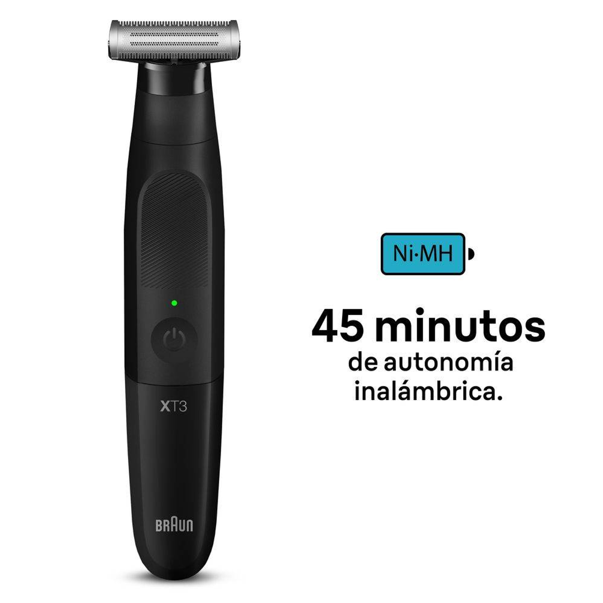 Trimmer Braun nero con pulsante di accensione verde e la scritta "45 minutos".