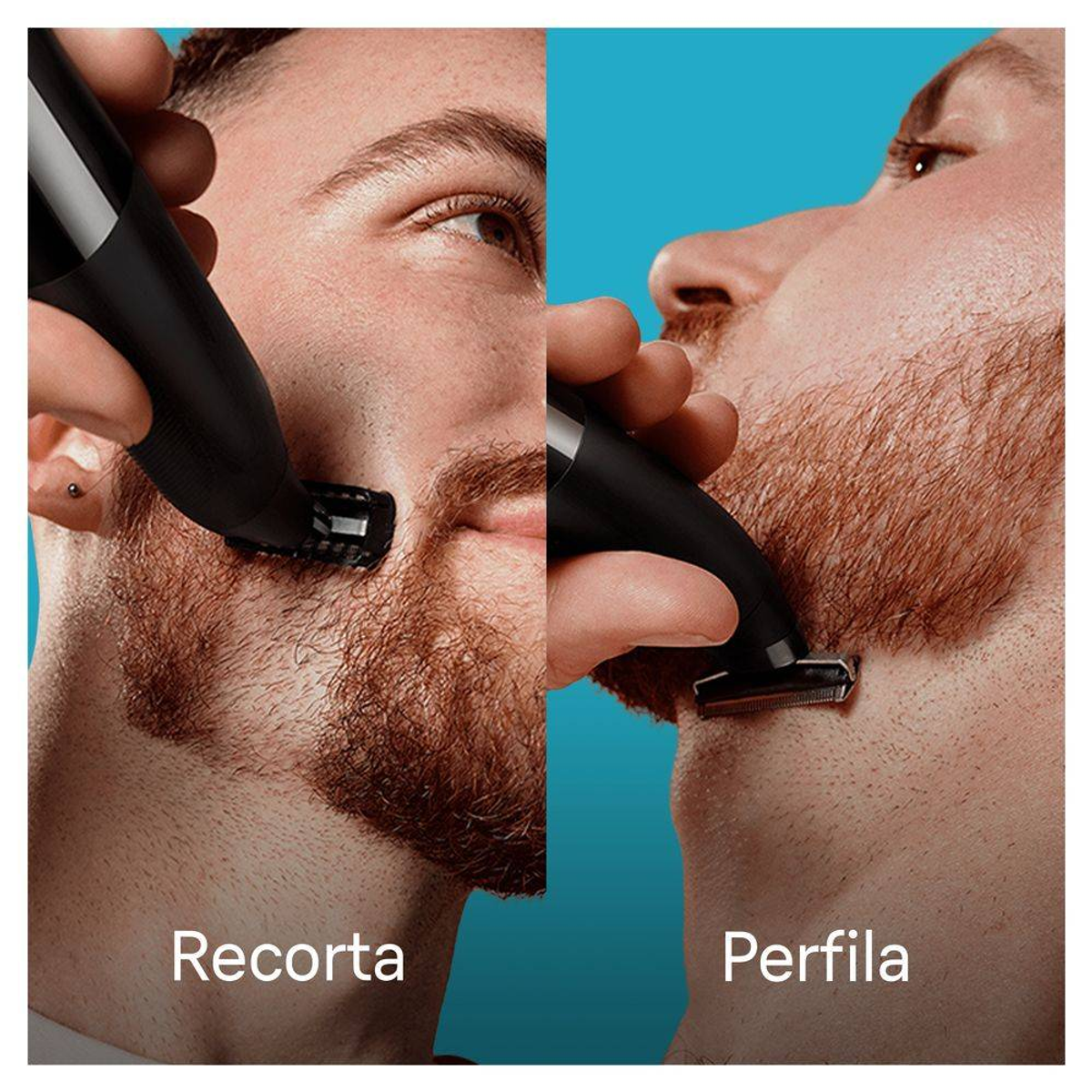 Un uomo si rade la barba con un trimmer elettrico, mostrando la rifinitura e la profilatura.