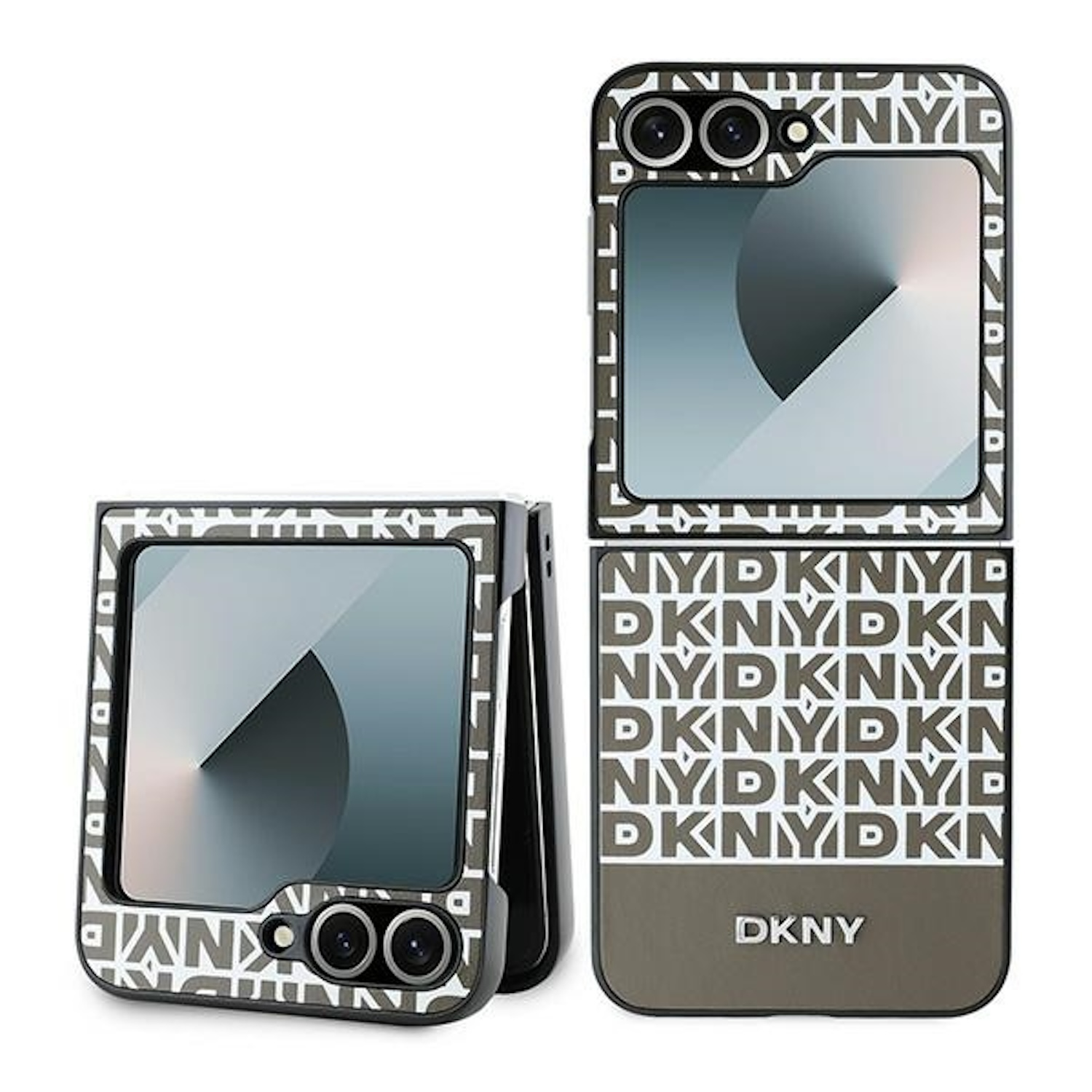 Telefono pieghevole. Design con logo DKNY in bianco e nero. Posizioni aperte e chiuse.