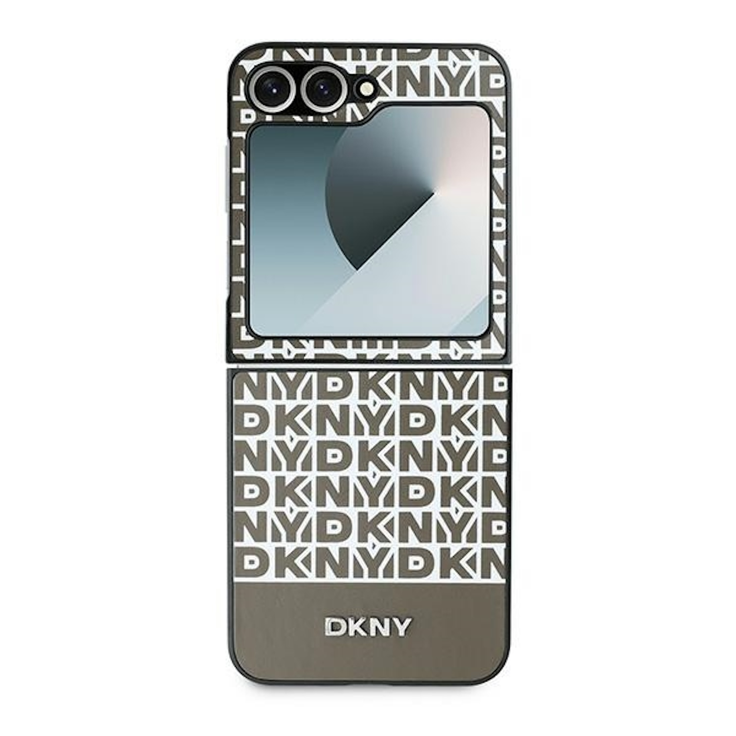 Un telefono pieghevole a marchio DKNY in una custodia. Il telefono è aperto, mostrando uno schermo con sfondo grigio.