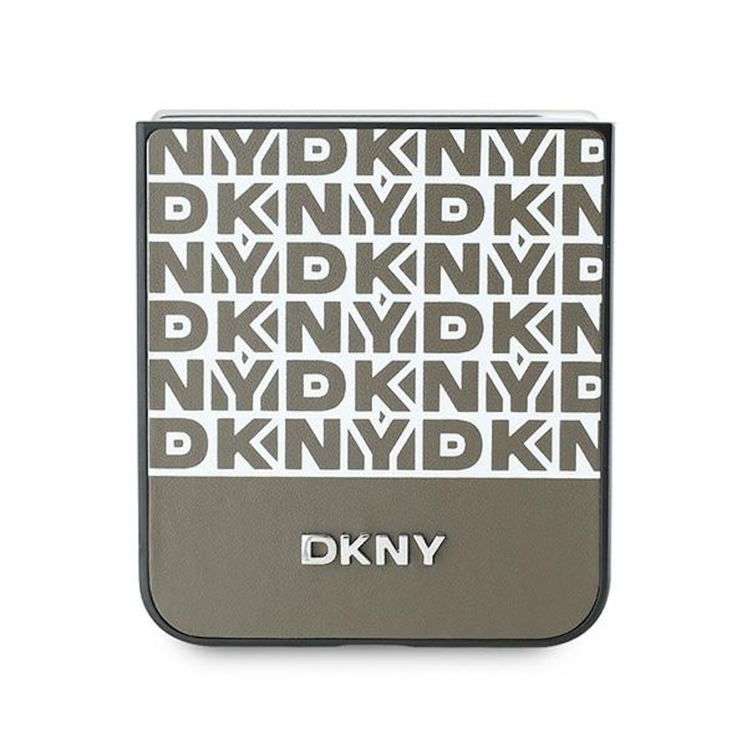 Un accessorio a marchio DKNY in grigio scuro e bianco, con testo DKNY ripetuto. Ha una forma quadrata.