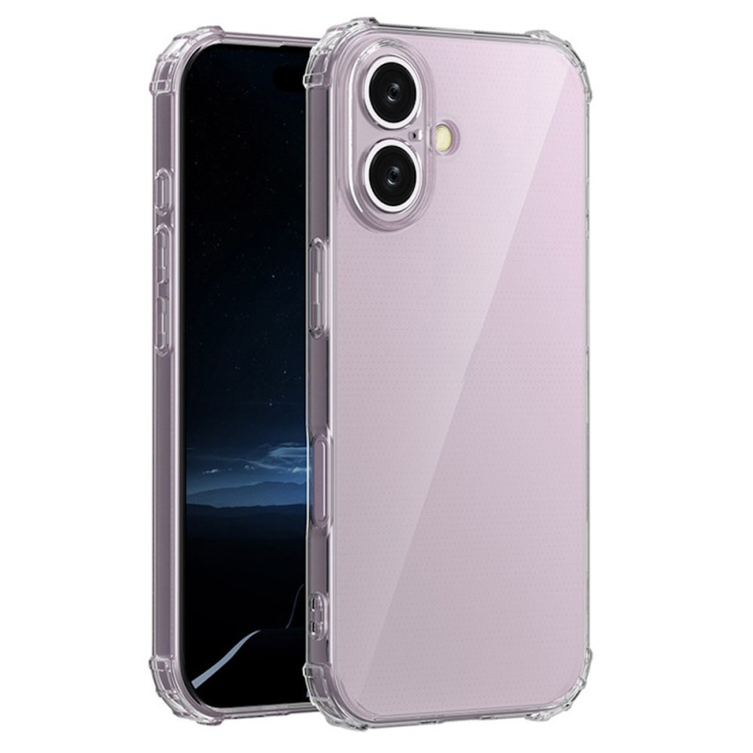 Transparente Handyhülle mit lila Rückseite und Schutzecken. Telefon ist innen.