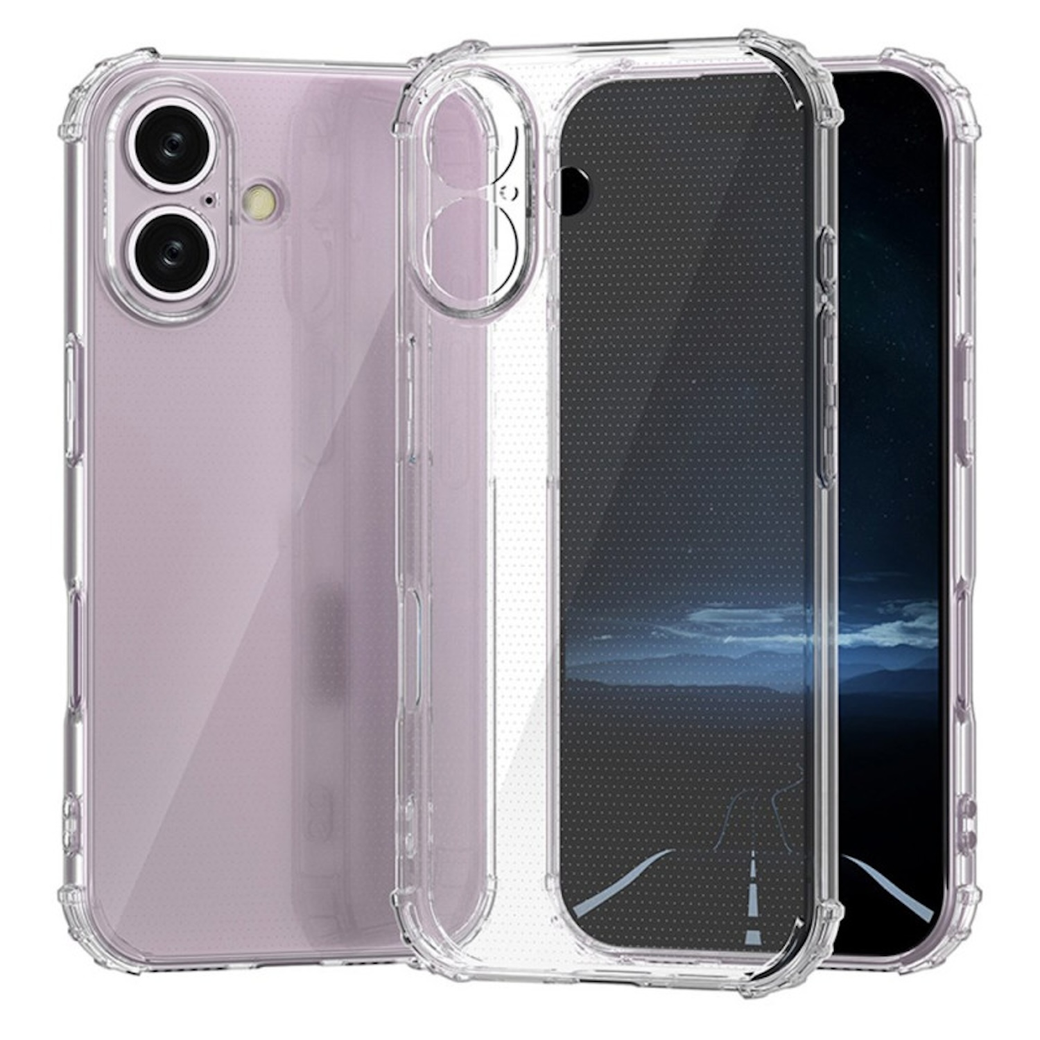 Eine transparente Handyhülle auf einem Handy, das die Rückseite und den Bildschirm zeigt.