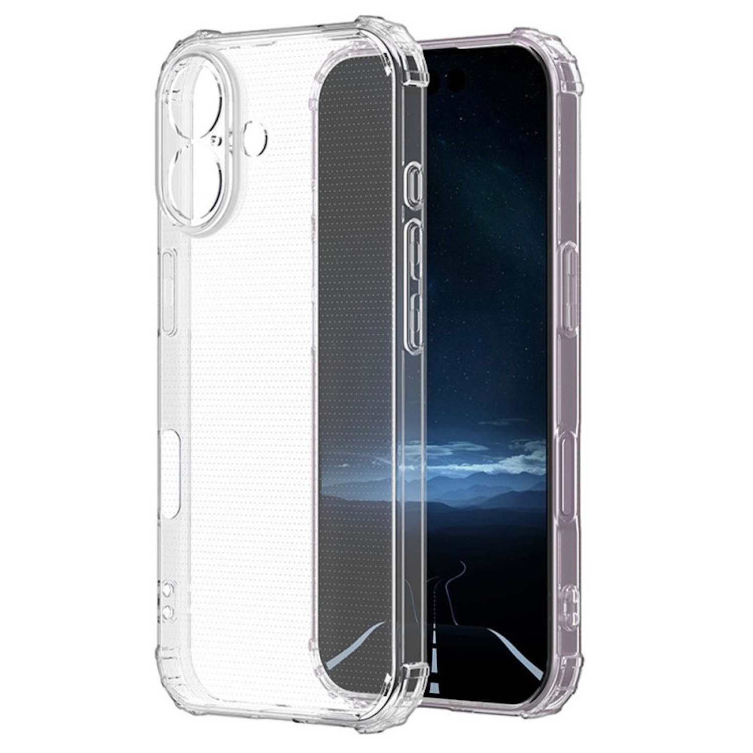 Eine transparente Handyhülle, die ein Telefon im Inneren zeigt, vor weißem Hintergrund.