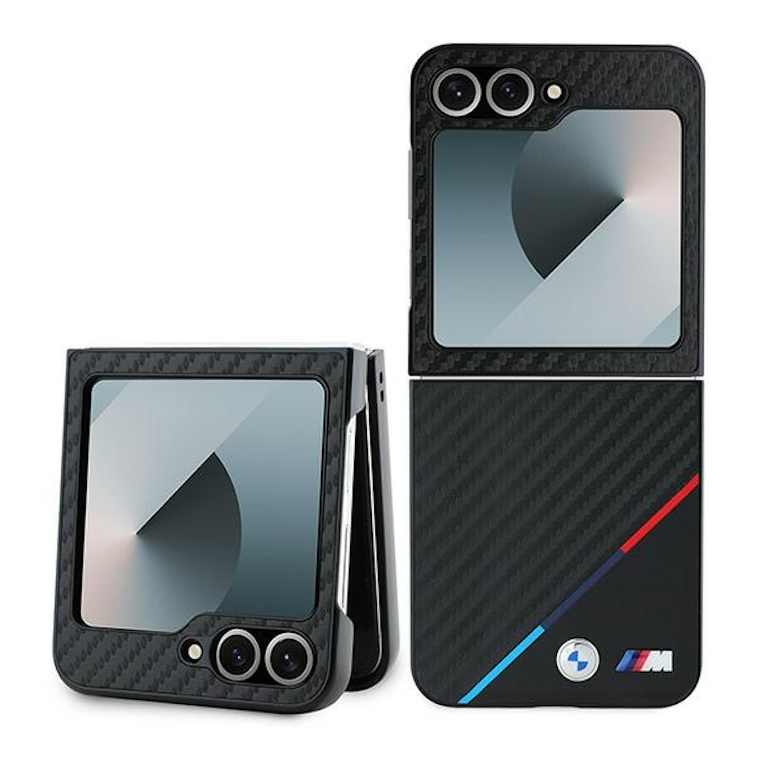 Due telefoni pieghevoli con design in fibra di carbonio. Logo BMW visibile. Sfondo bianco.