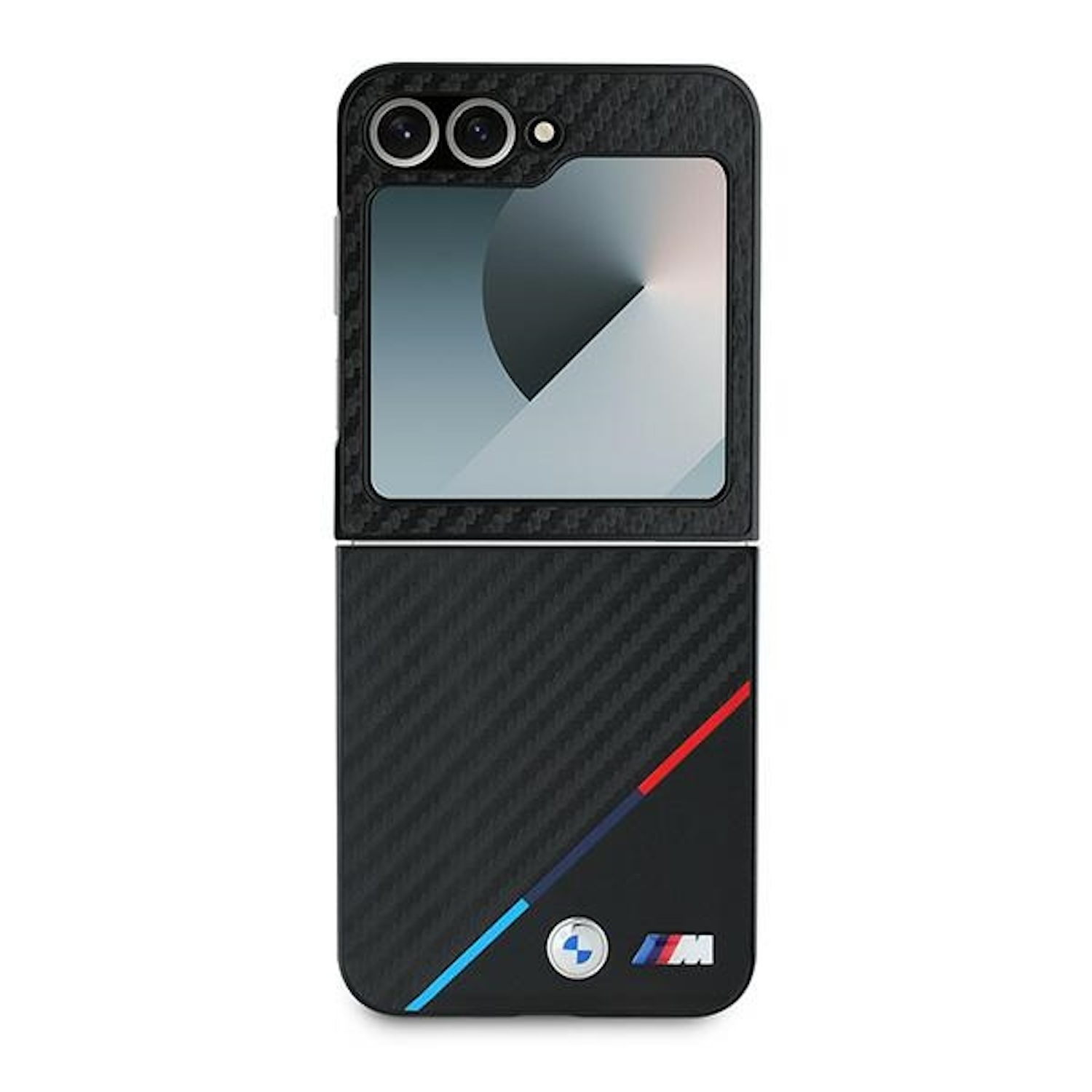 Uno smartphone nero pieghevole con trama in fibra di carbonio e marchio BMW.