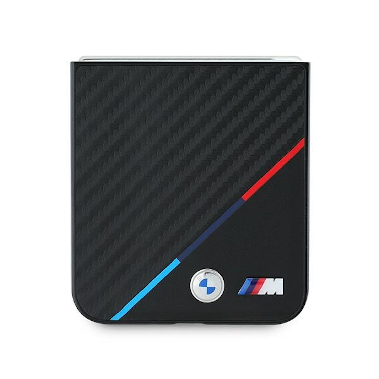 Un portafoglio nero con trama in fibra di carbonio. Ha strisce blu, rosse e il logo BMW.
