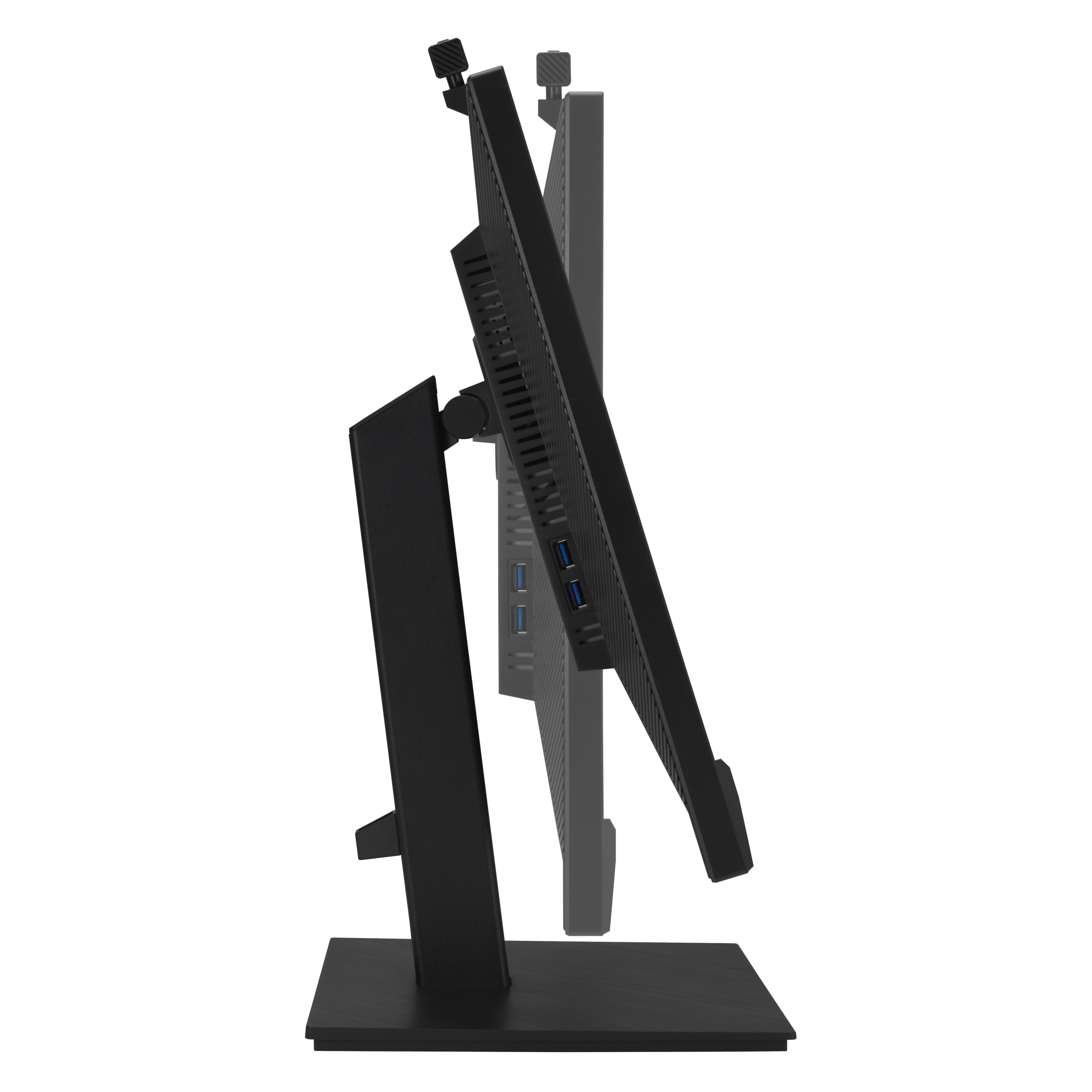 Seitenansicht eines schwarzen Monitors auf einem Ständer mit einstellbarer Neigung und USB-Anschlüssen.