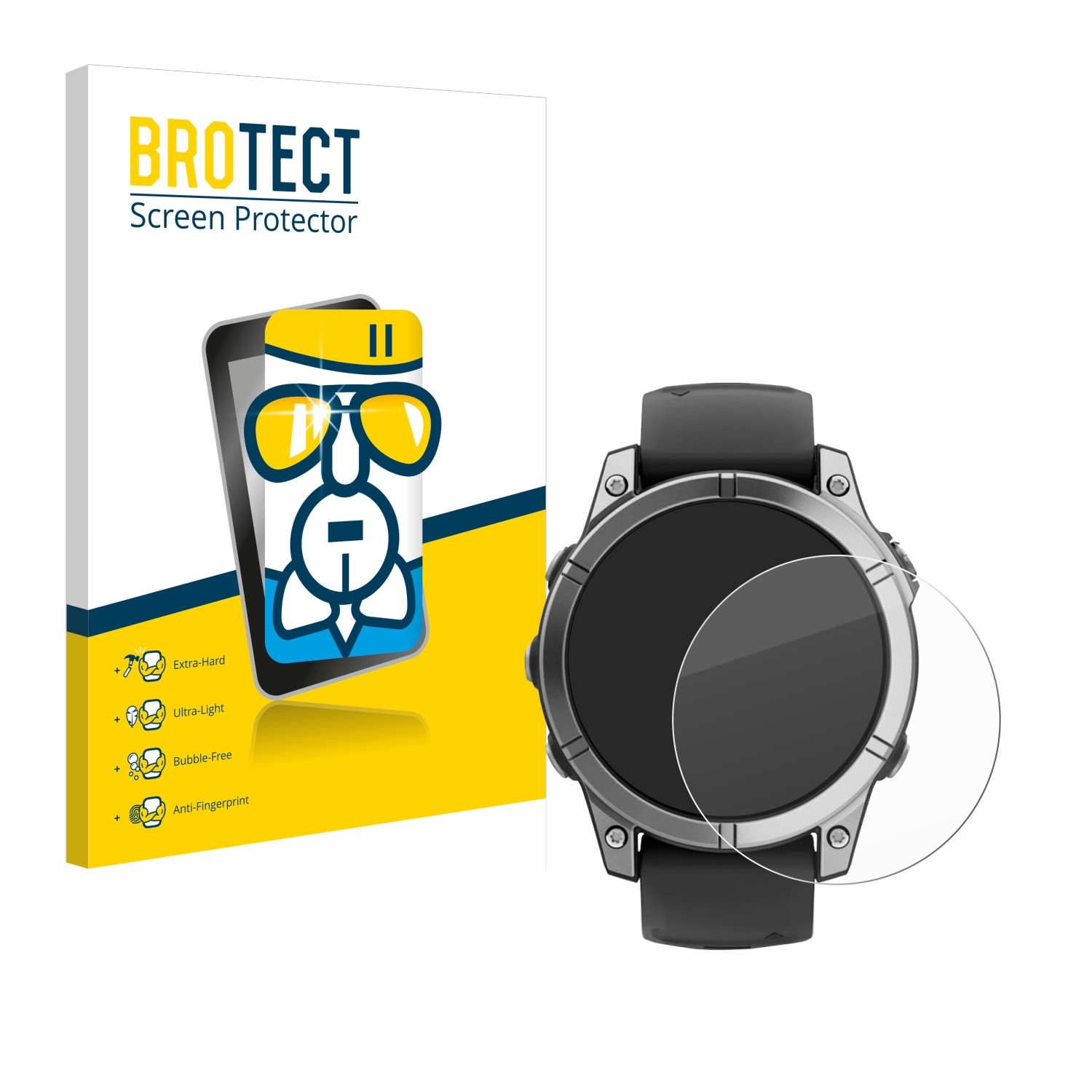 Uhr mit Displayschutz. Weiße Box mit "BROTECT"-Text. Die Uhr ist silberfarben mit schwarzem Armband.