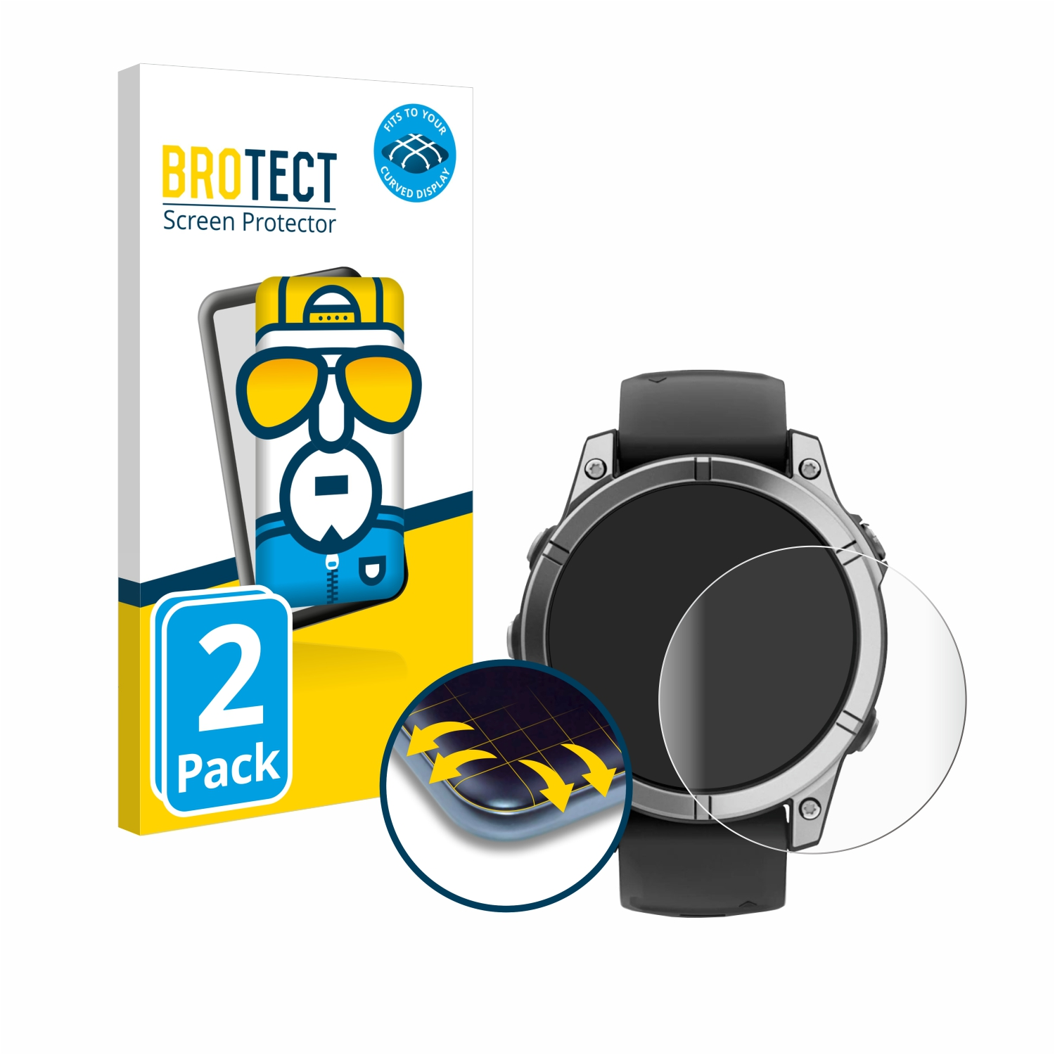 Displayschutzfolie mit Uhr und Box. Box sagt BROTECT Displayschutzfolie.